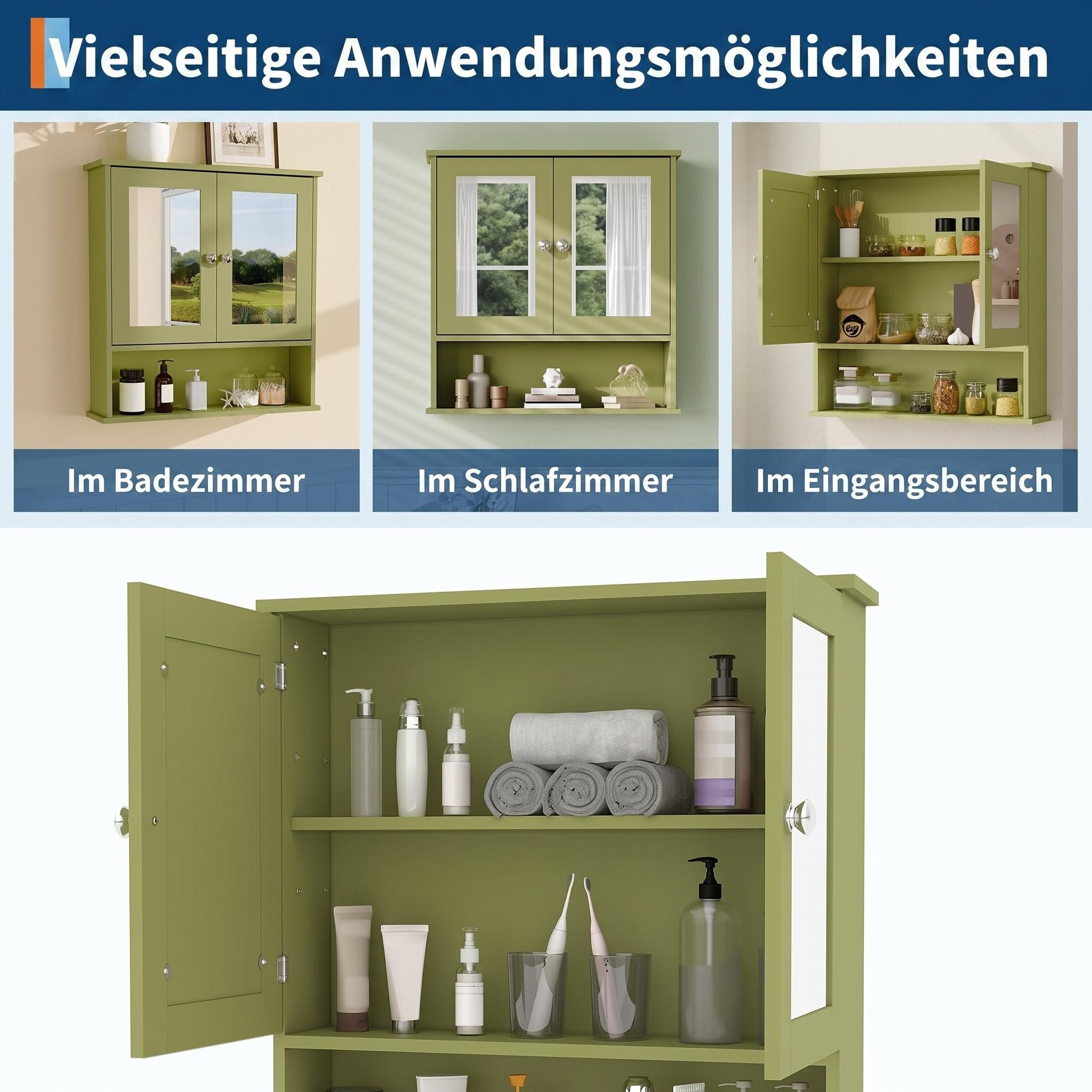 GarveeMore Badezimmerspiegelschrank mit 2 Tür, 1 offenes + 2 versteckte Fächer verstellbarem Boden, Magnetschnapper, grün/weiß – Bild 5 von 5