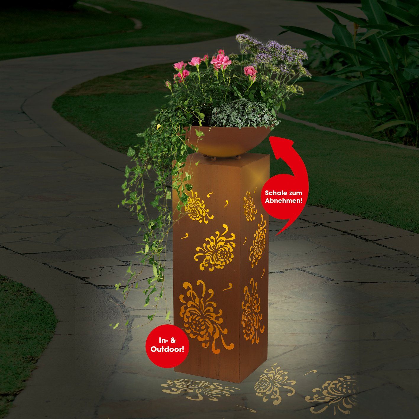 Bauernrose, Garten Deko Rost-Optik Kübel Dekosäule LED Säule Pflanzschale EASYmaxx 87cm