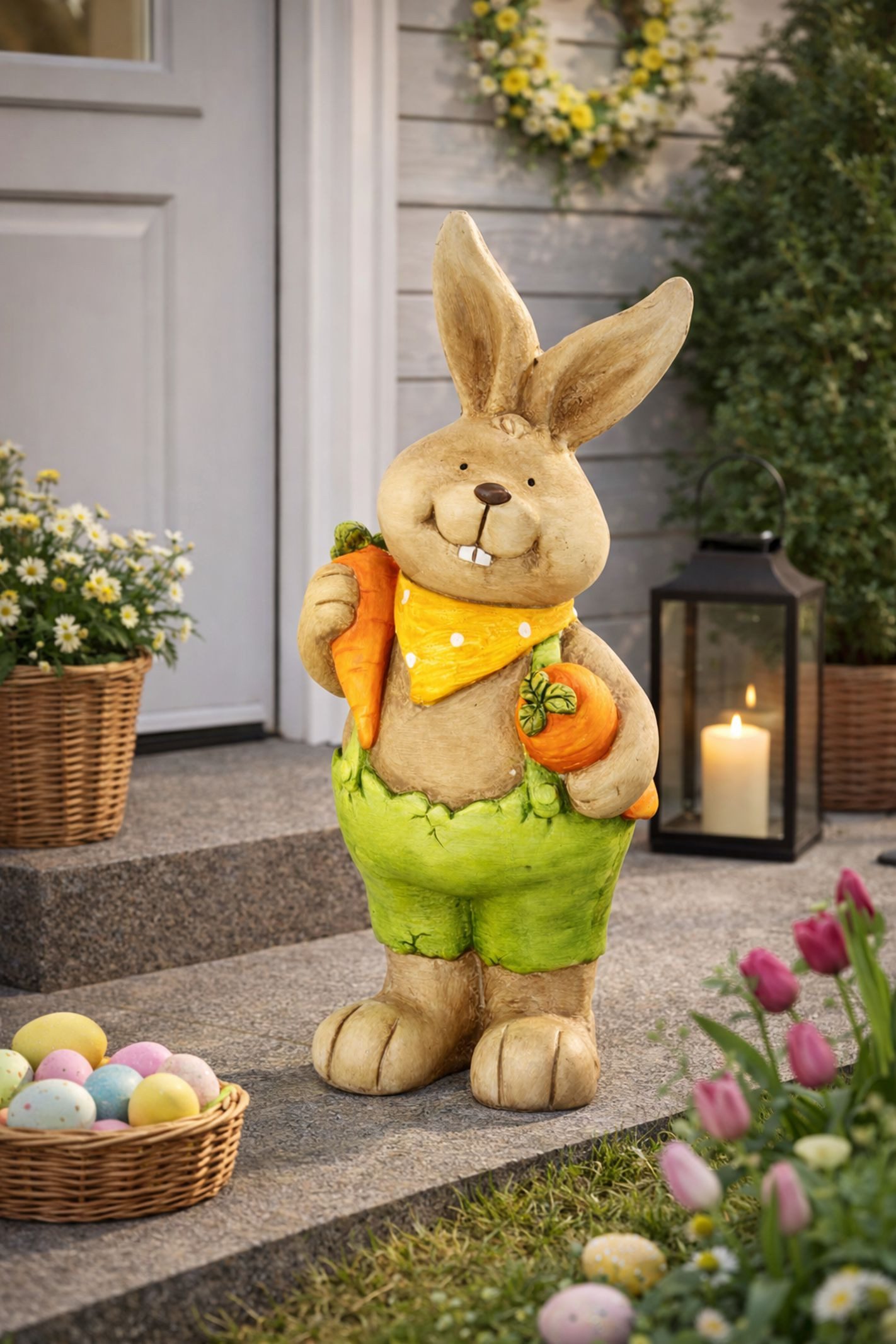 I.GE.A. Dekofigur Deko Osterhase mit Karotten (1 St), Figur 46 cm Deko Hase Osterdeko Hasenfigur Frühling Ostern Ostereier
