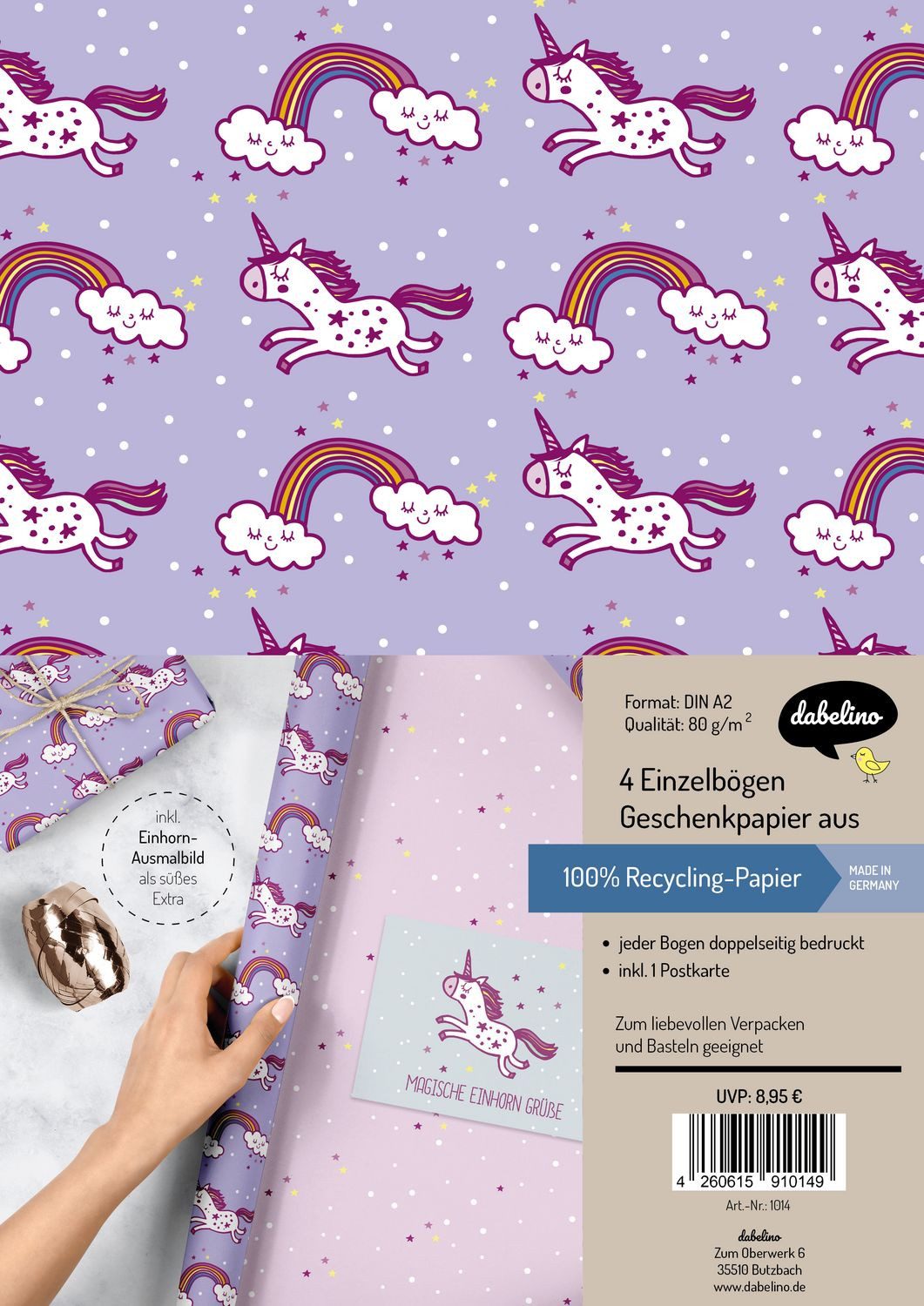 dabelino Geschenkpapier Geschenkpapier-Set für Kinder: Einhorn 4x Einzelbögen + 1x Postkarte