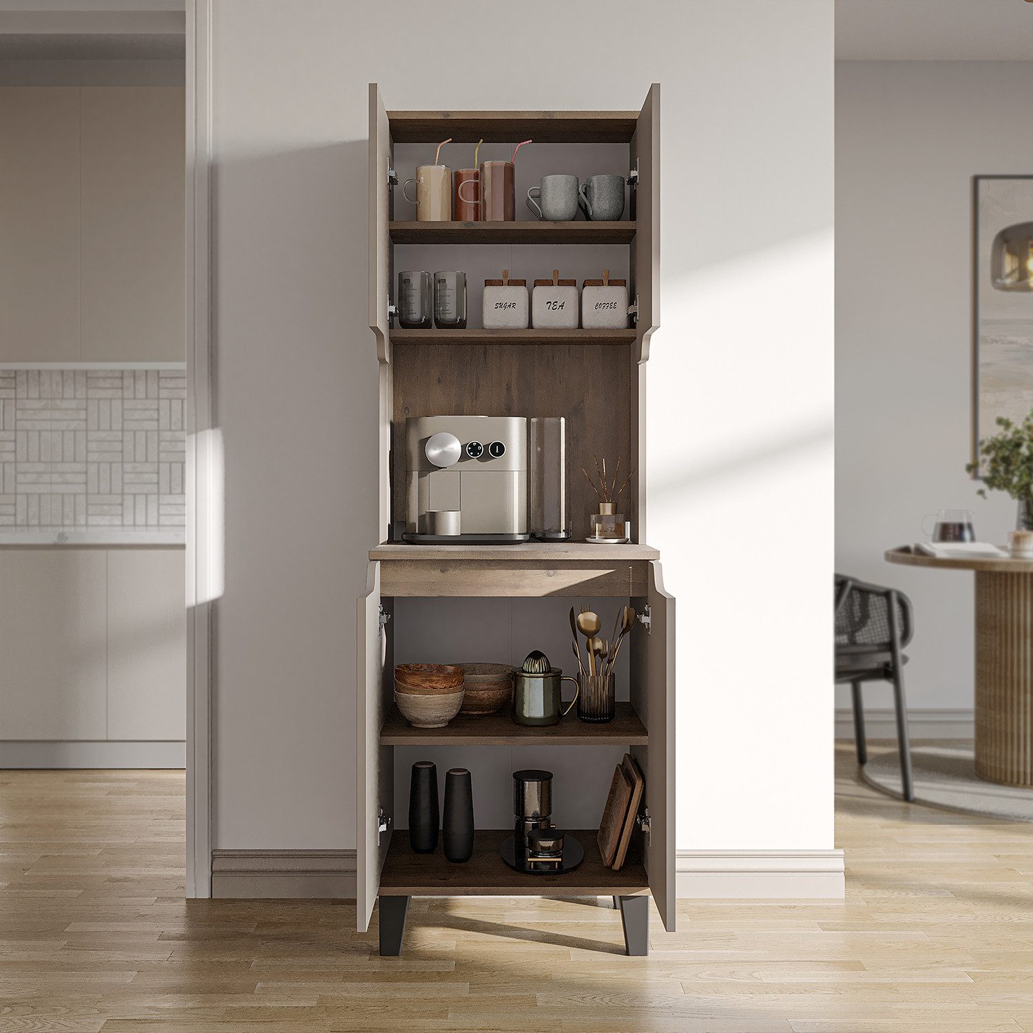 Roomart Küchenbuffet DEFNE mit Nische Kaffeebar Mikrowellenschrank Vorratsschrank, 5 Farben Offene Nische für Kaffeemaschine, 4 Türfächer – Bild 4 von 5