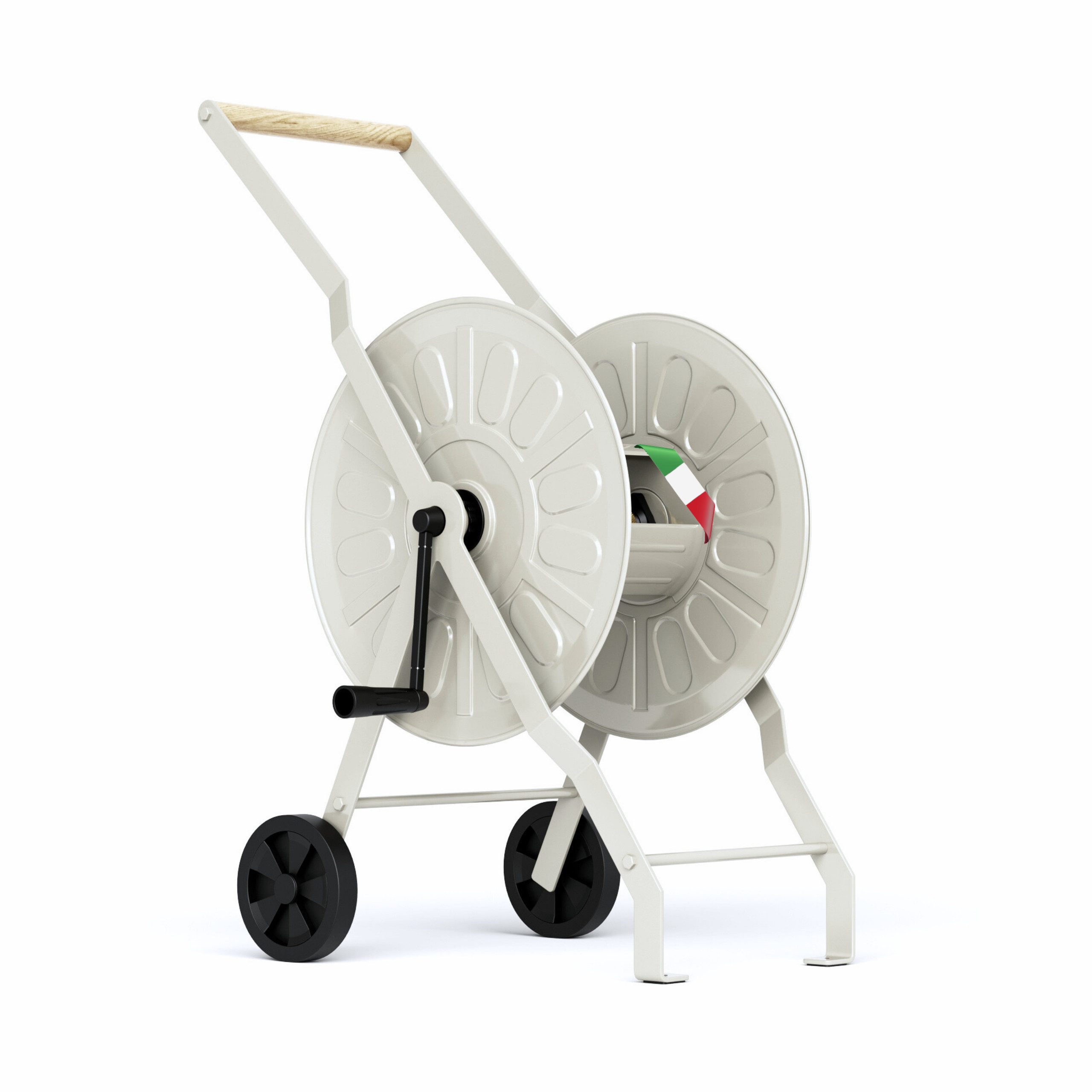 LIVLIG Schlauchwagen für bis 50 m Gartenschlauch, 1/2 Zoll Anschluss, (1x Schlauchwagen), Made in Italy, Handkurbel aus Holz, geländegängige Räder