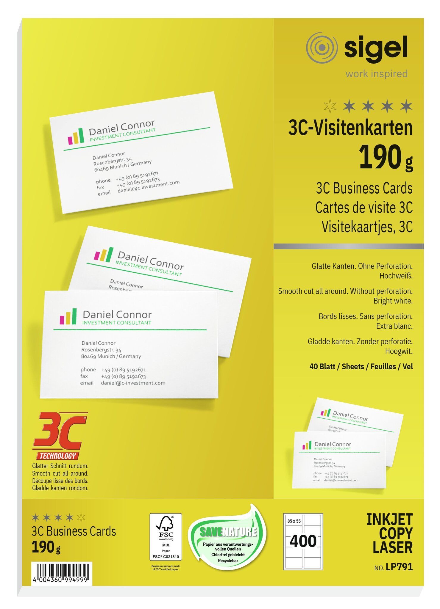Sigel Visitenkartenhülle SIGEL LP791 Visitenkarten - hochweiß - 190 g/m² - 400 Karten