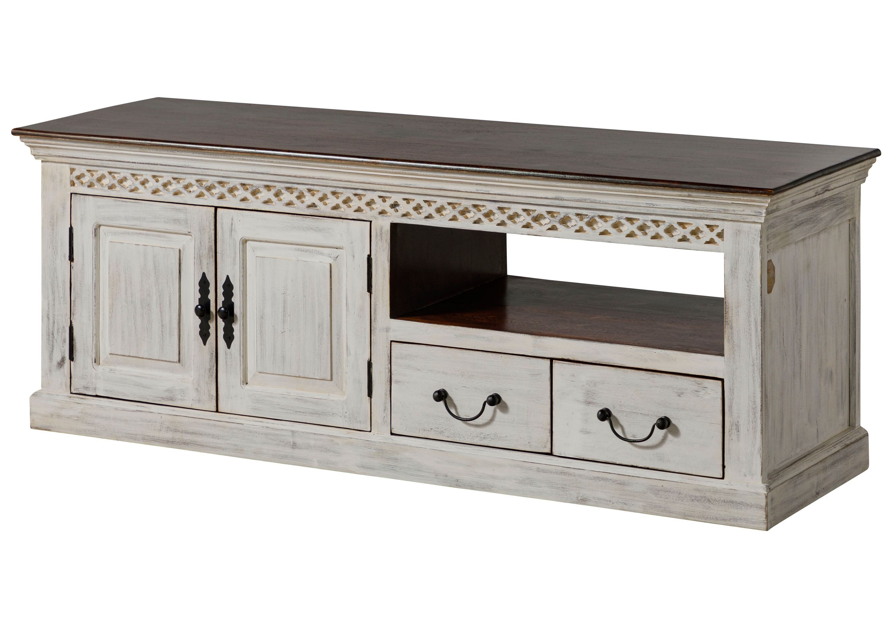 Massivmoebel24 TV-Board (Massivholz), Mango / Akazie 160x50x60 weiß gewachst CASTLE-ANTIK #103