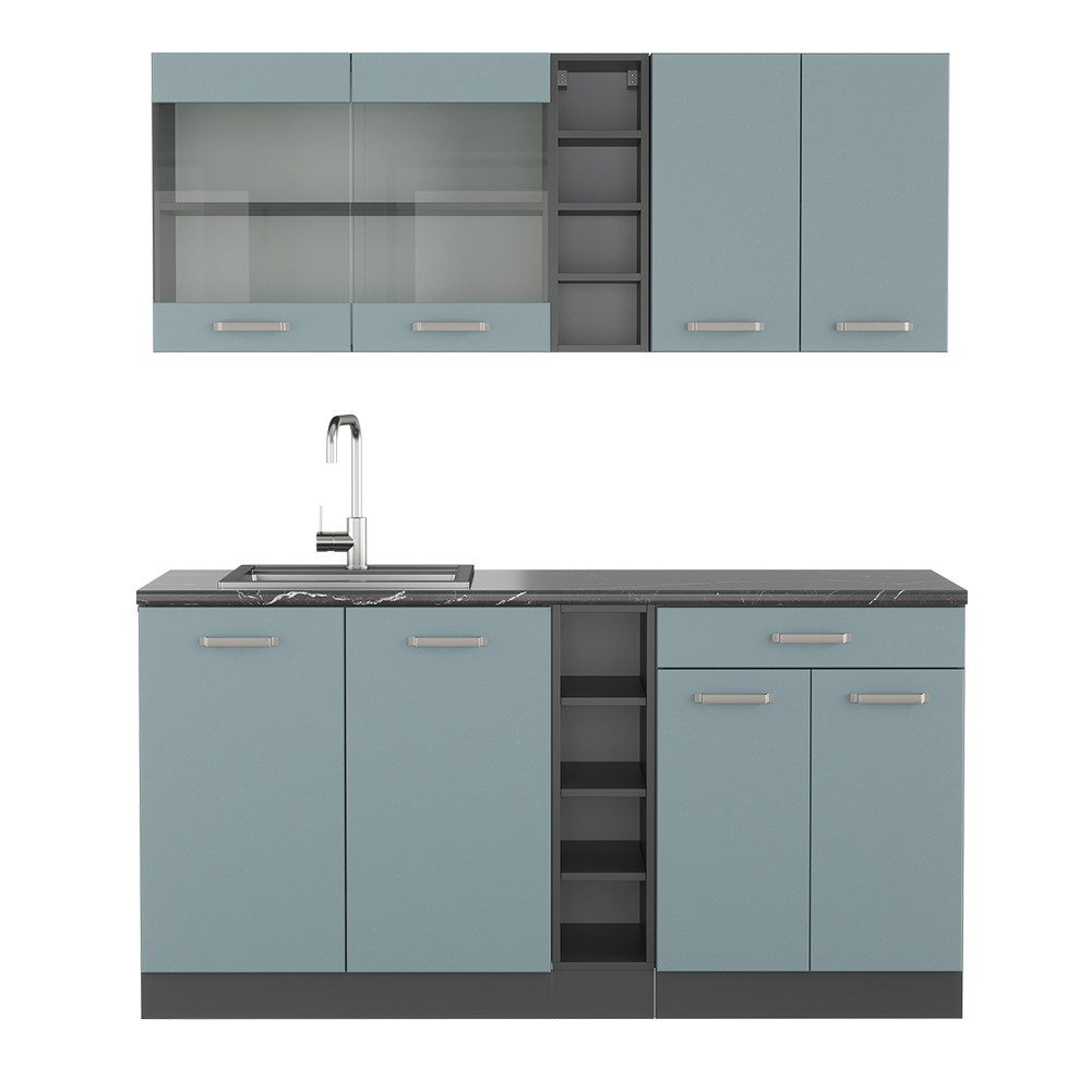Vicco Küchenzeile R-Line, Blau-Grau/Anthrazit, 160 cm, AP Eiche