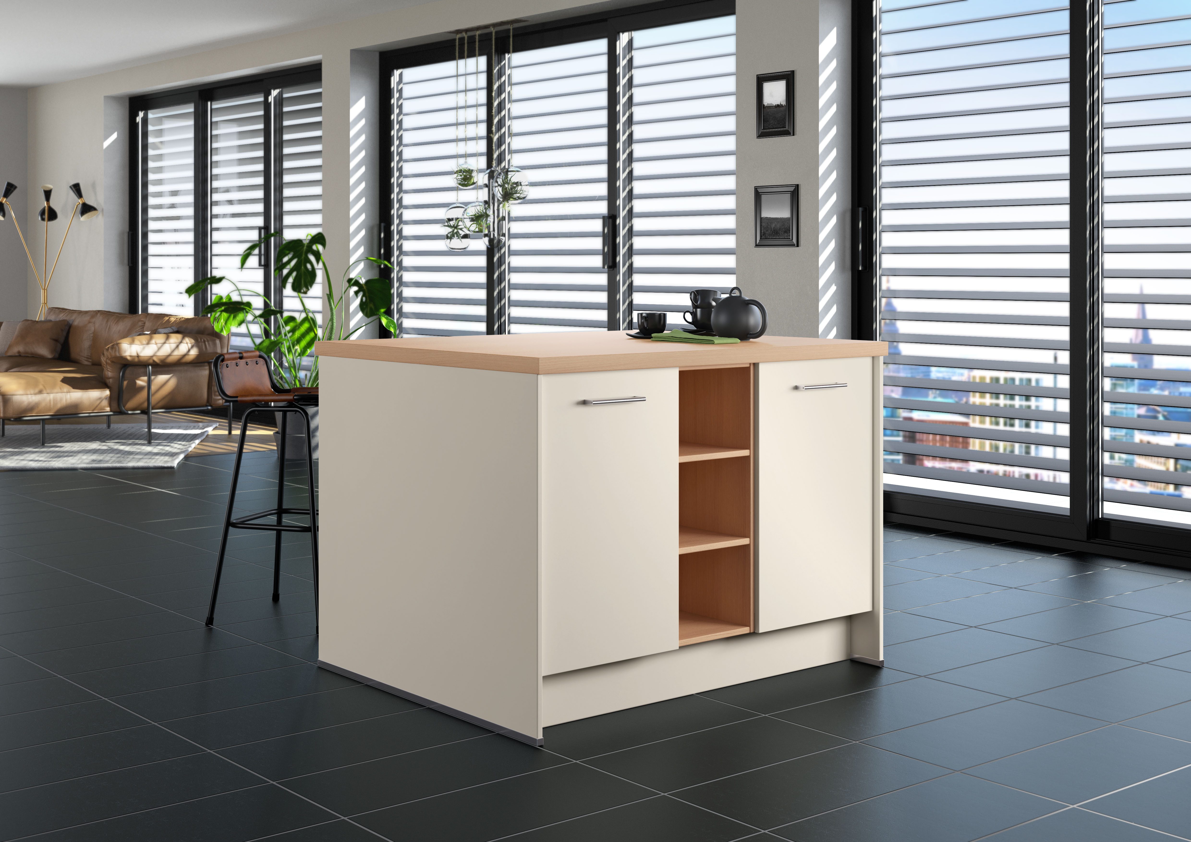 IMPULS KÜCHEN Kücheninsel Kopenhagen, flexibel stellbar, Schubkästen mit Soft-Close, (Set), vormontiert, mit Stauraum auf beiden Seiten, Breite 123 cm