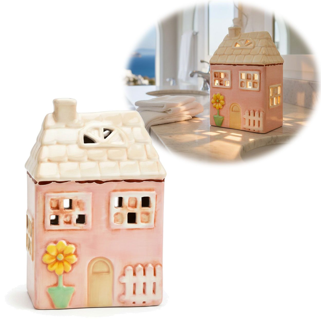 LS-LebenStil Teelichthalter LED Lichterhaus Nyhavn 19cm Rosa Keramik Fachwerkhaus Leuchthaus