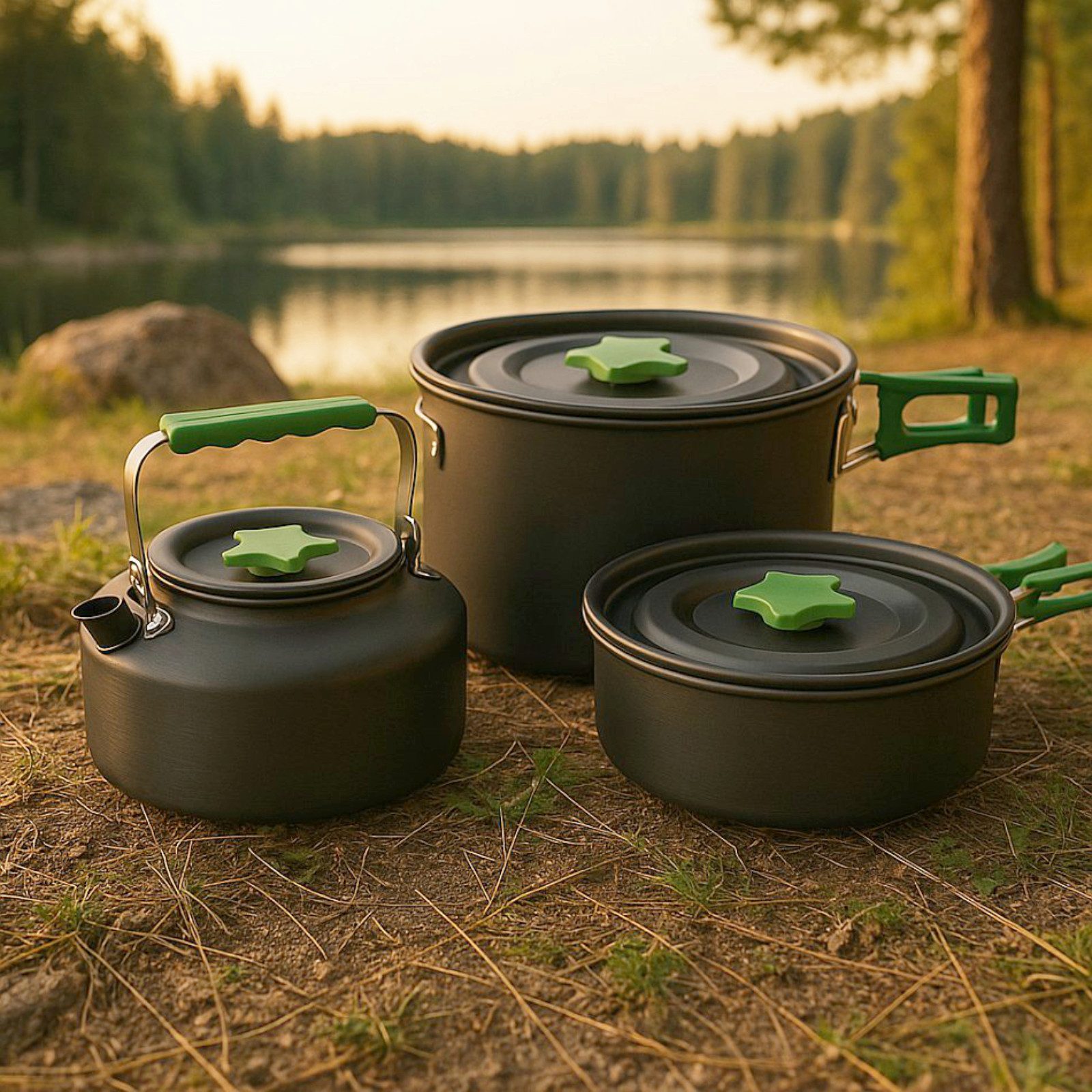 Koopman Kochtopf Campingtopf 3tlg Ø 17 cm KLEIN MINI, Aluminium (Set, 3-tlg., Packung), 3 Größen, Klappbare Griffe, Aluminium, Inkl. …
