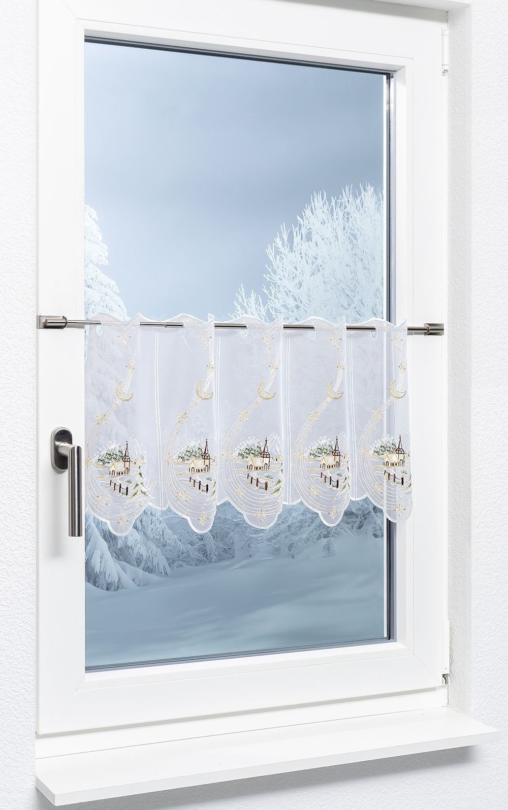 Scheibengardine Dorfkirche im Winter, Plauener transparent, 34x49.2cm (1 St), Spitze®, HxB