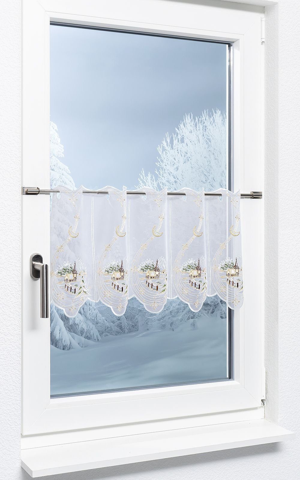 Plauener Spitze® Scheibengardine Dorfkirche im Winter (1 St), transparent, günstig online kaufen