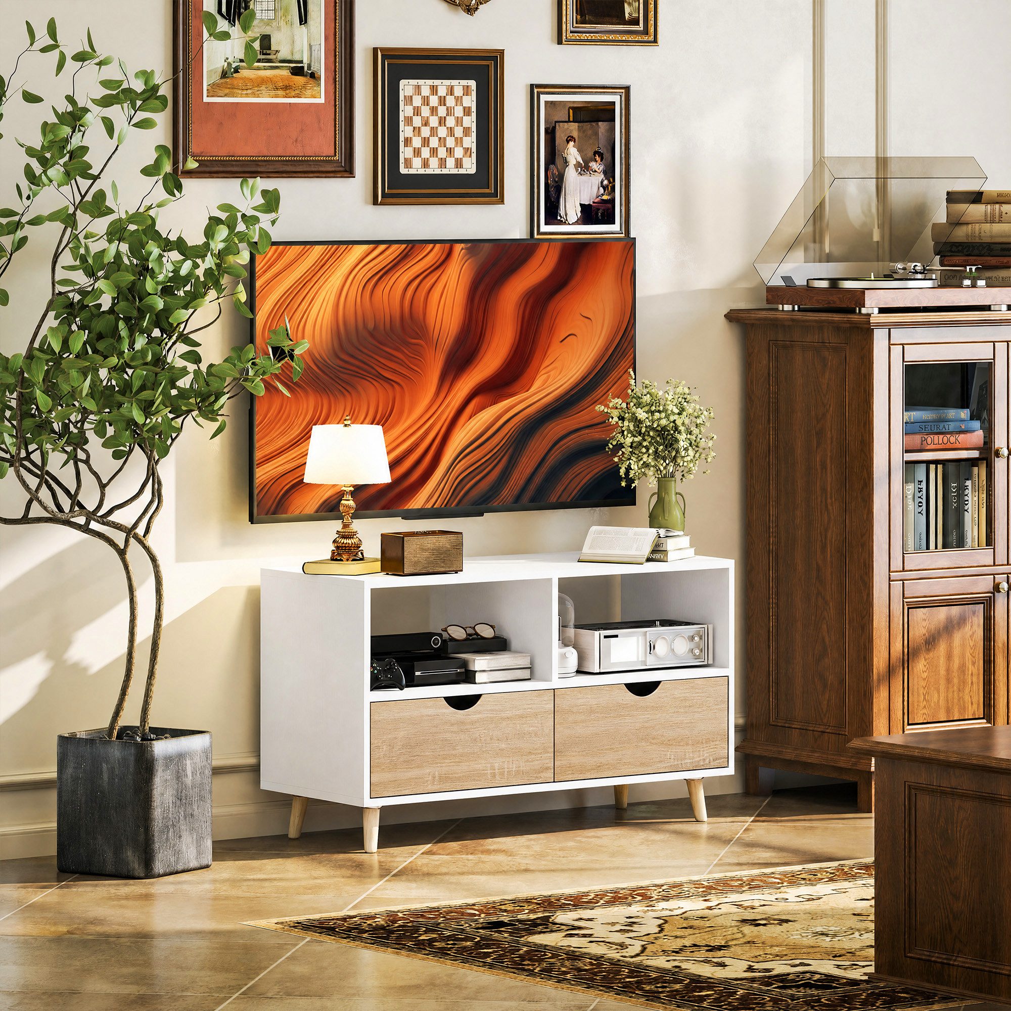 HOMCOM TV-Board TV Schrank Lowboard mit 2 Ablage, Schublade, 99 cm lang (TV Board, 1 St., Fernsehtisch), für Wohnzimmer, Weiß