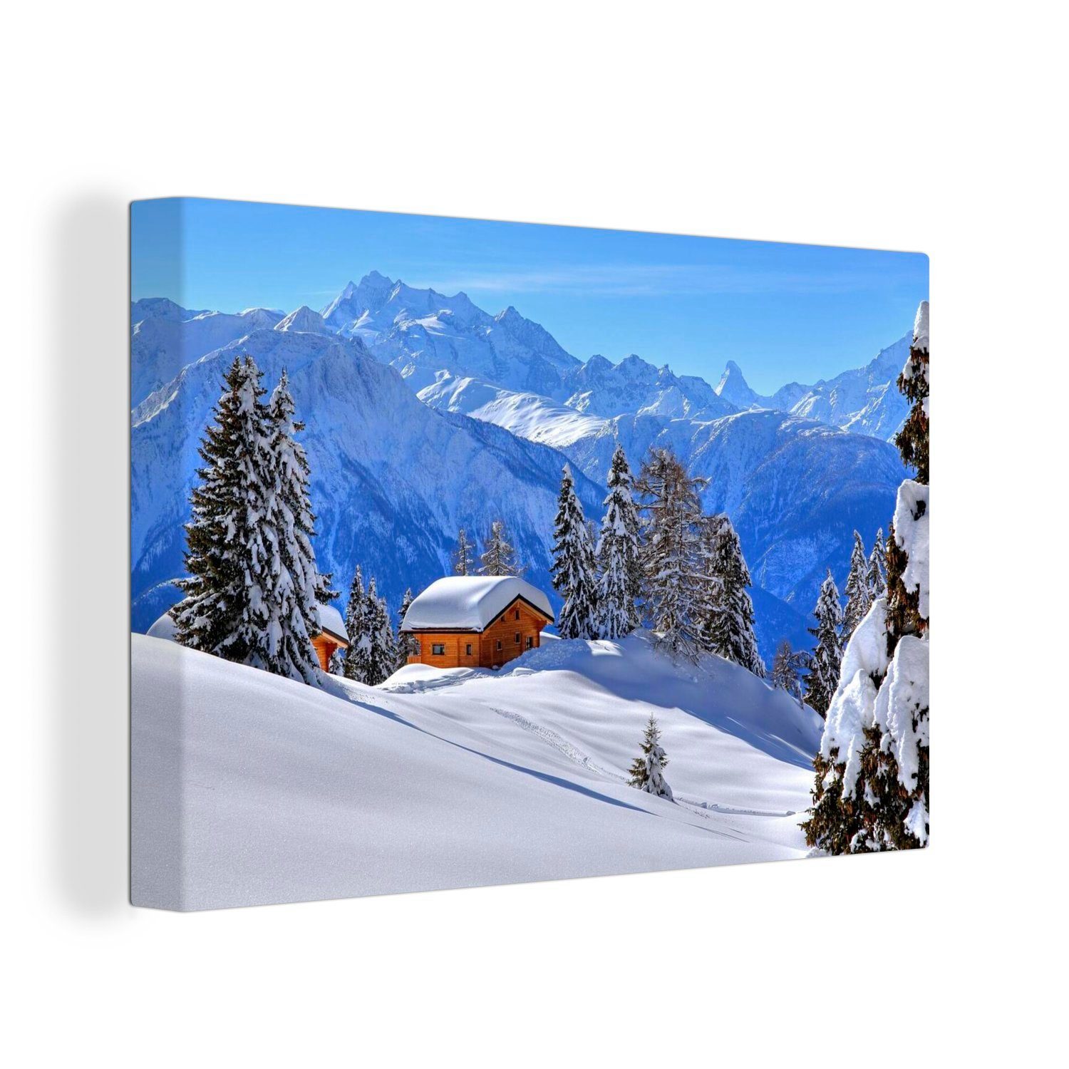 OneMillionCanvasses® Leinwandbild Hütte in der Winterlandschaft der Schweiz, (1 St), Wandbild Leinwandbilder, Aufhängefertig, Wanddeko, 30x20 cm