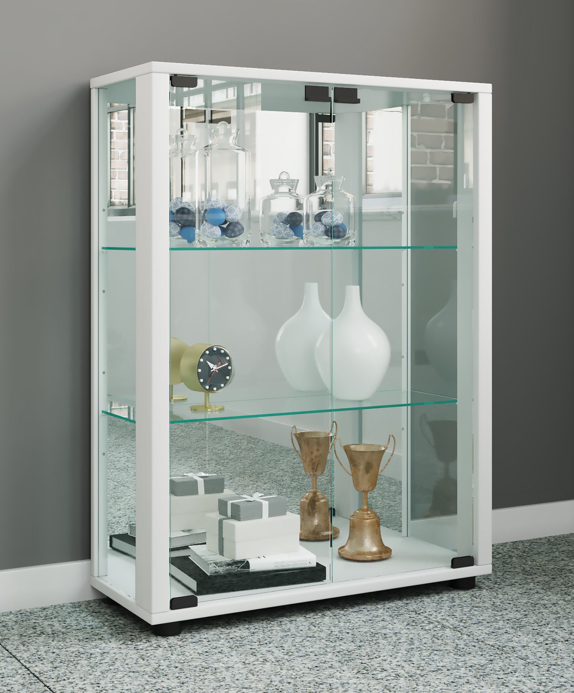VCM Standvitrine Glasvitrine Sintalo mit Glastüren, Spiegel und Glasvitrine stehend, Modern und platzsparend, Glasschrank