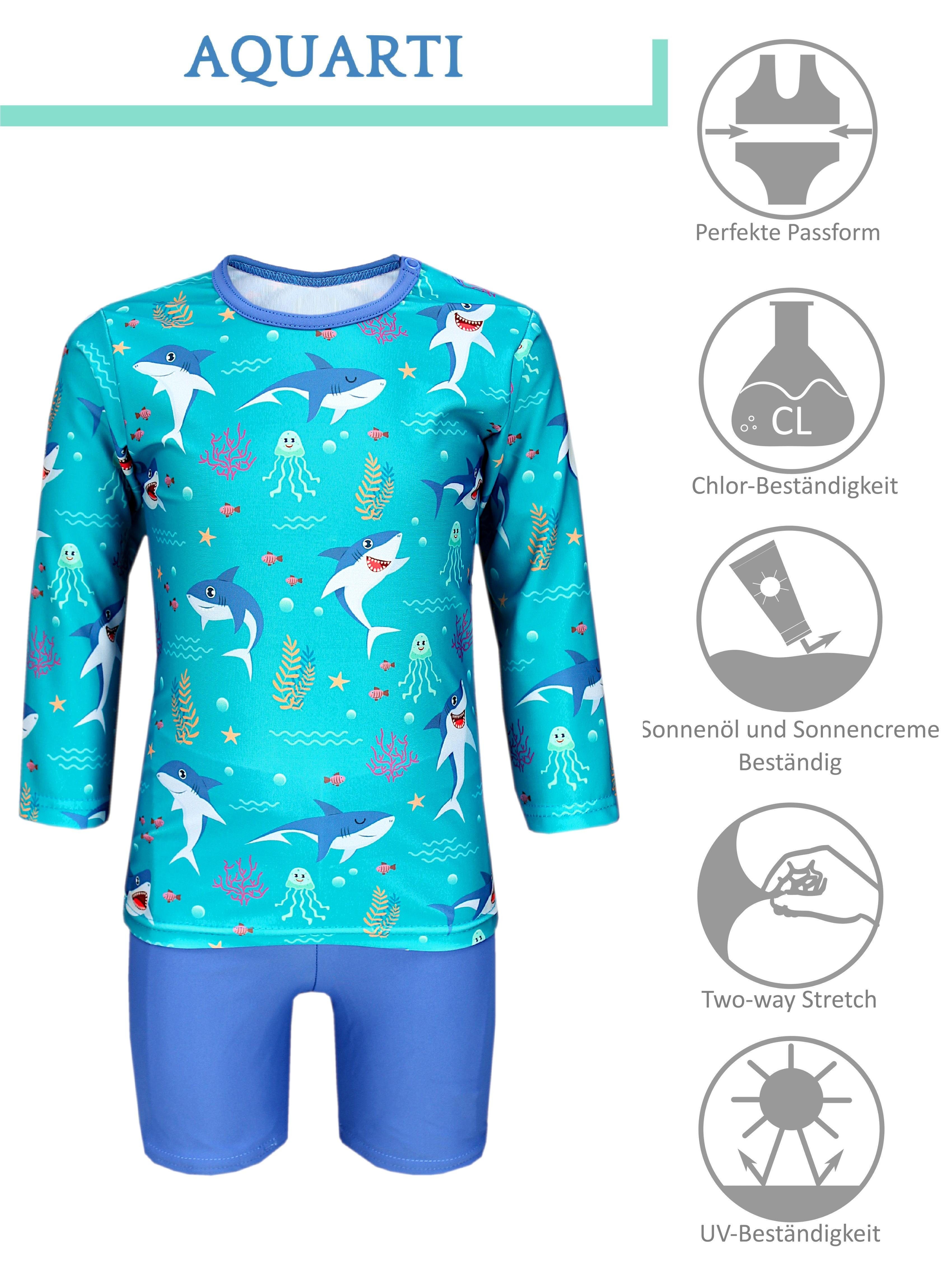 Jeans UV-Schutz Blau Baby Badeanzug Haie Meer Dunkeltürkis Badehose Jungen im / Kinder T-Shirt Zweiteiliger / Langarm Badeanzug Aquarti