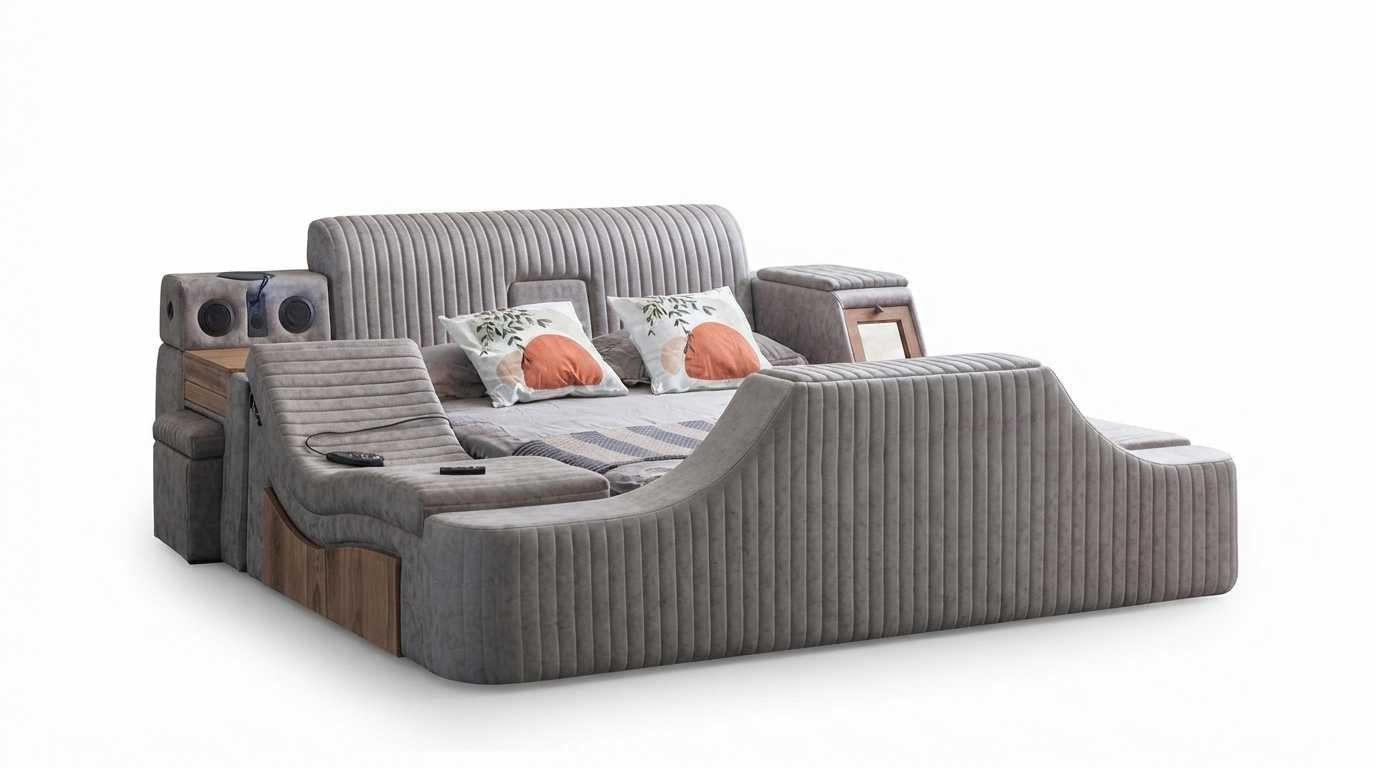 Xlmoebel Multimediabett Multifunktionsbett in Grau mit TV-Lift und Soundsystem, Made in Europa