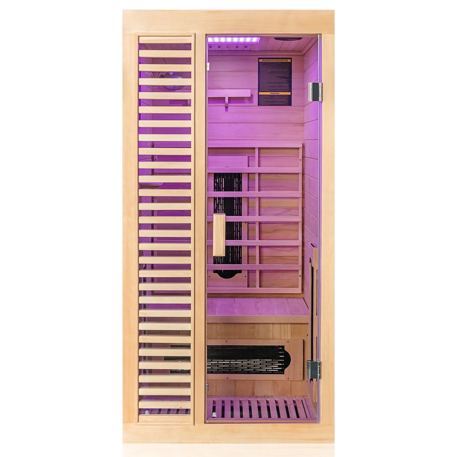 Dewello Infrarotkabine HAMLIN 90 Wärmekabine, für bis zu 1 Personen, 4 Keramikstrahler, BxTxH: 90 x 90 x 190 cm, (Farblichttherapie, Ionisator mit Ozondesinfektion und Aromatherapie, Multimedia und zusätzlich USB-Anschluss & Bluetooth möglich) Sauna aus Hemlock-Tannenholz, leichter Aufbau dank Stecksystem
