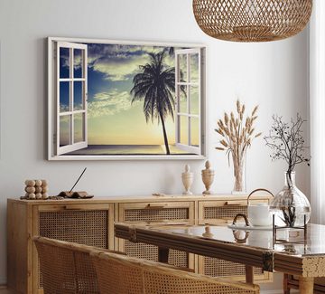 Sinus Art Leinwandbild Wandbild 120x80cm Fensterbild Palme Strand Traumstrand Sommer Horizont, (1 St)