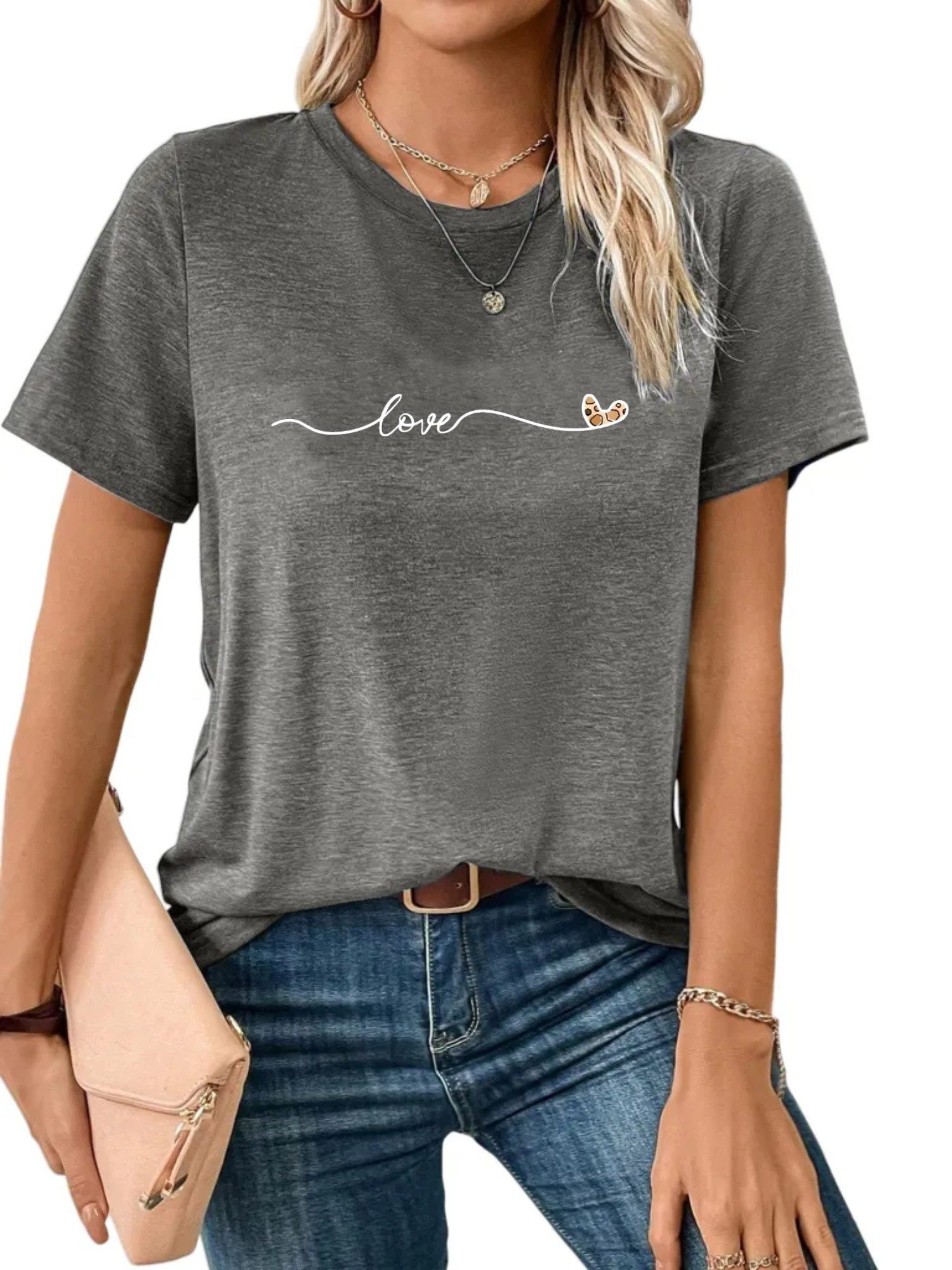 Kurzarmbluse Damen bequemes Sommer Kurzarmbluse Locker Liebe Print-Shirt