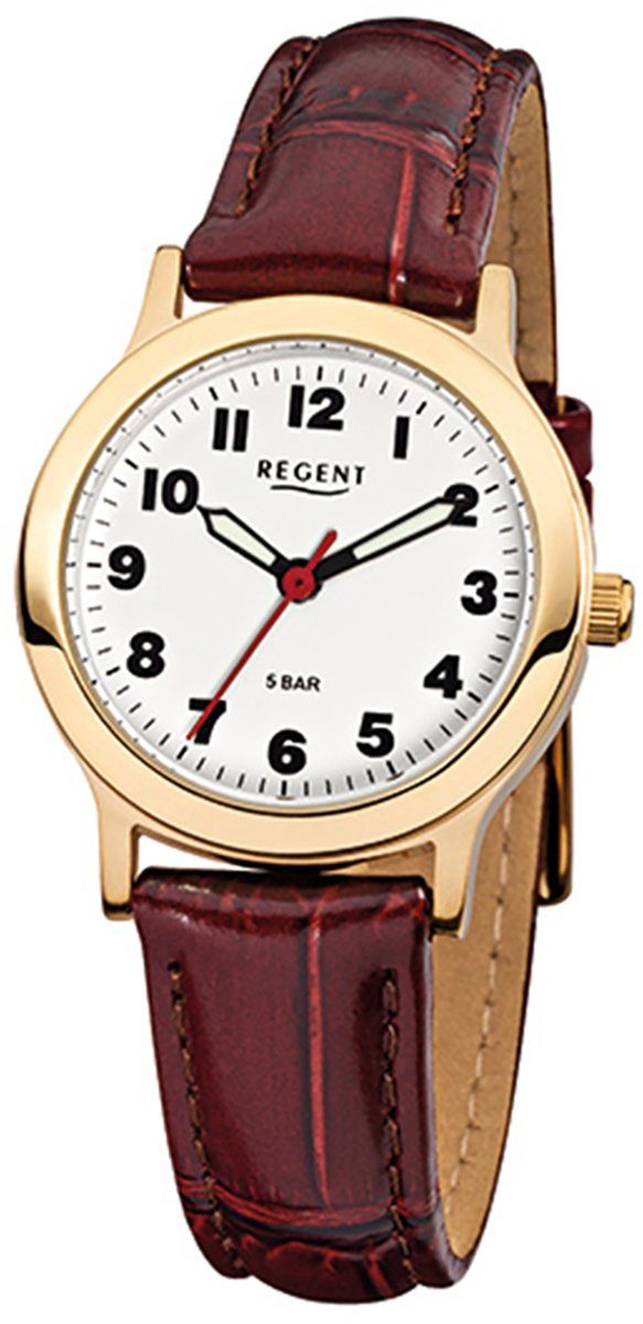 Lederarmband Analog Damen-Armbanduhr (ca. Quarzuhr F-825, rund, Damen Regent Armbanduhr braun 28mm), Regent klein