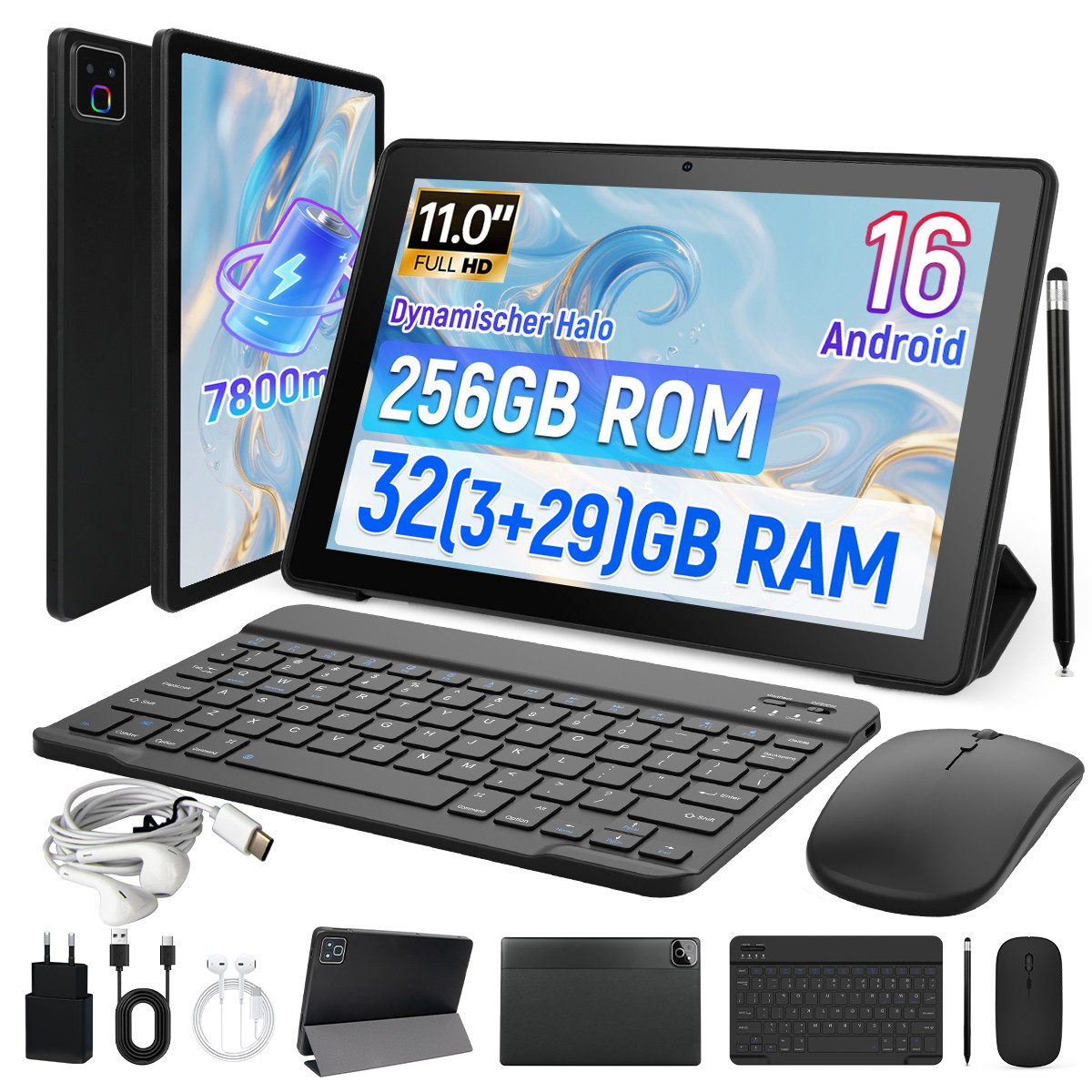 Happybe 11'' Android 16, 32GB RAM, 256GB, 7800mAh, 2-in-1 mit Tastatur & Stift Tablet (10.1", 256 GB, Android)