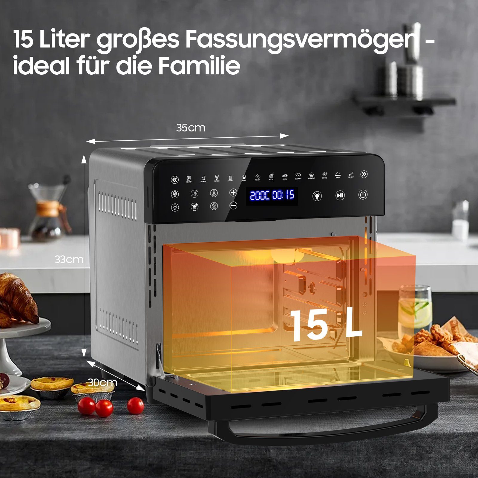 Aoucheni Heißluftfritteuse Frittieren Airfryer 2200,00 XXL, Minibackofen W, mit Luft 15L ohne Öl Spülmaschinenfest, heißer Heißluftbackofen, Heißluftfritteuse