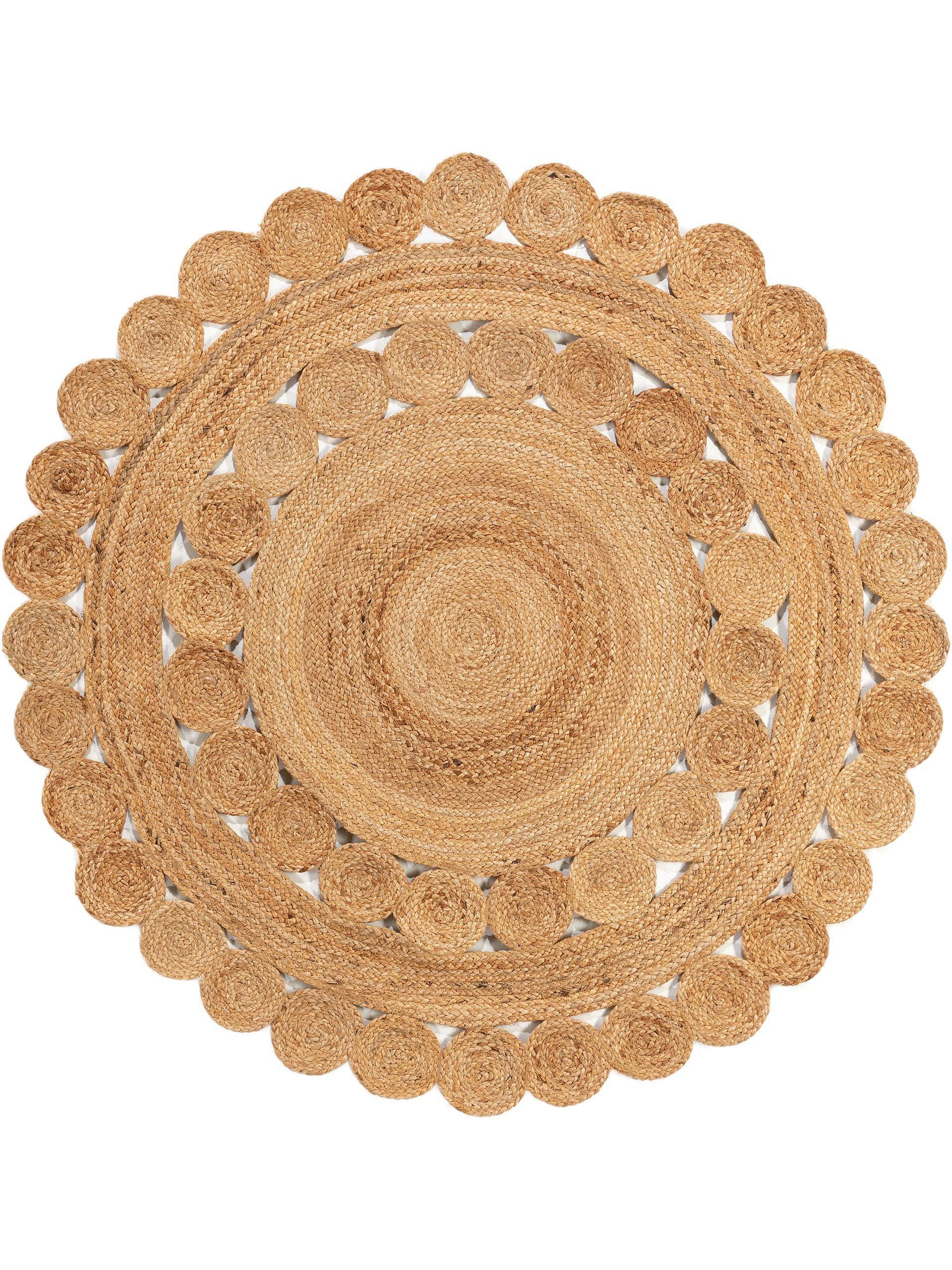 benuta Teppich Jutta, rund, Höhe: 5 mm, Hangefertigter Juteteppich, Zeitlos für Wohn-, Ess- und Schlafzimmer