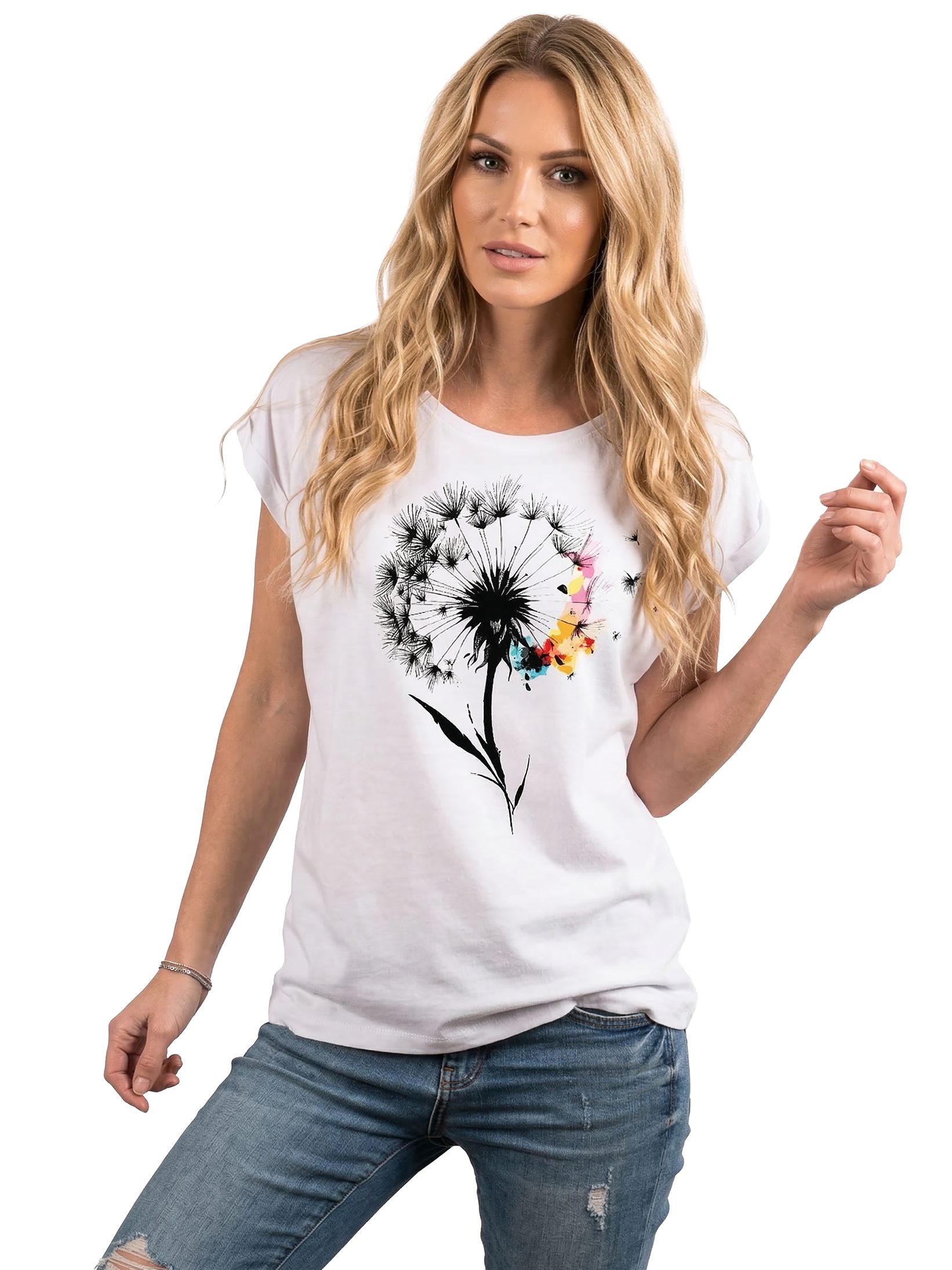 MAKAYA T-Shirt Damen-Top mit Pusteblumen-Print – florales Sommer-Shirt aus Baumwolle (Weiß, Rosa, Hellgrau, 34, 36, 38, 40, 42, 44, 46, 48, 50) Baumwolle
