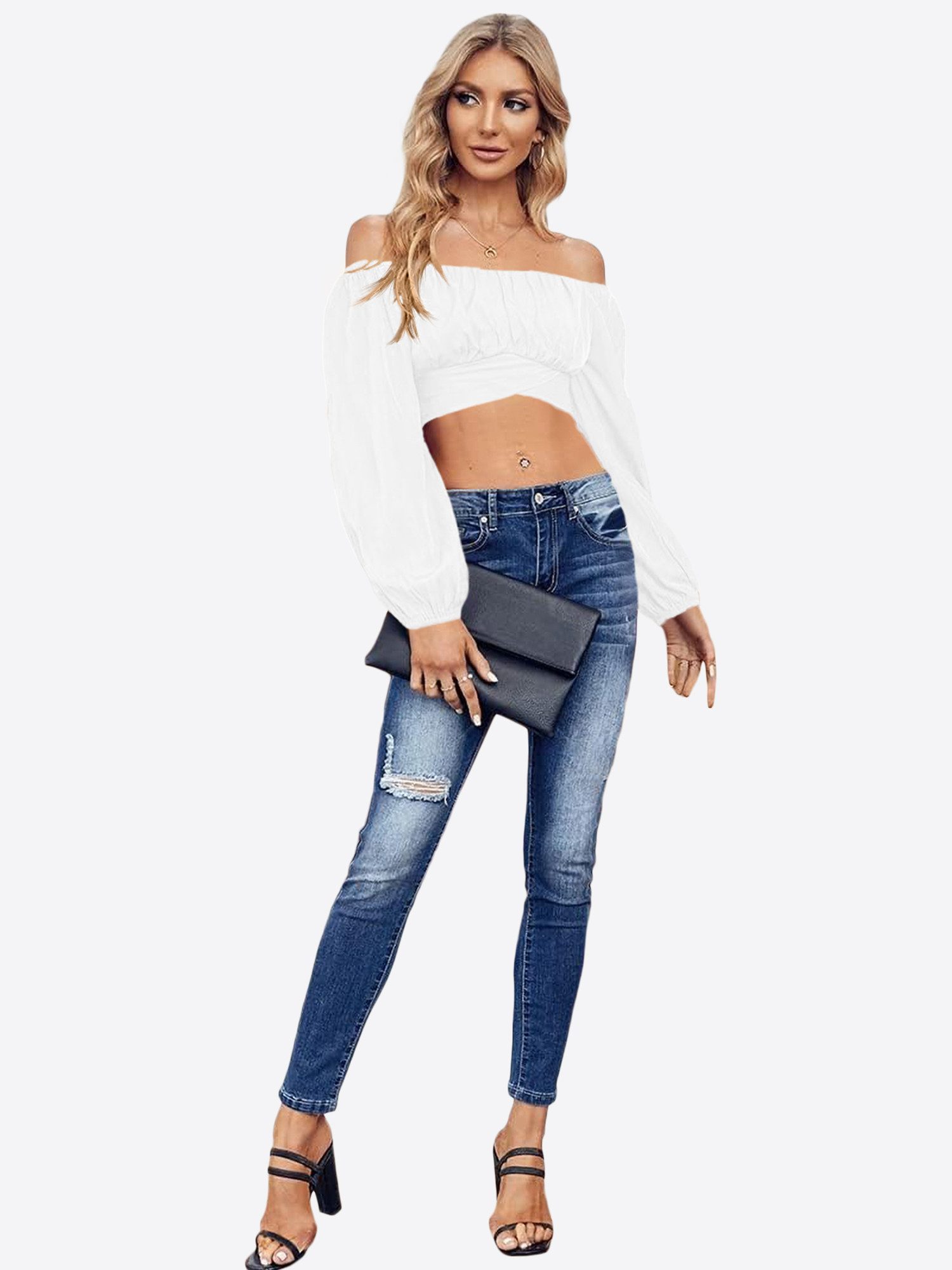 Imily Bela Blusentop Damen Hemd mit offenen Schultern und Laternenärmeln (Packung, 1-tlg., 1per-Pack) Schnürung – Bild 3 von 5