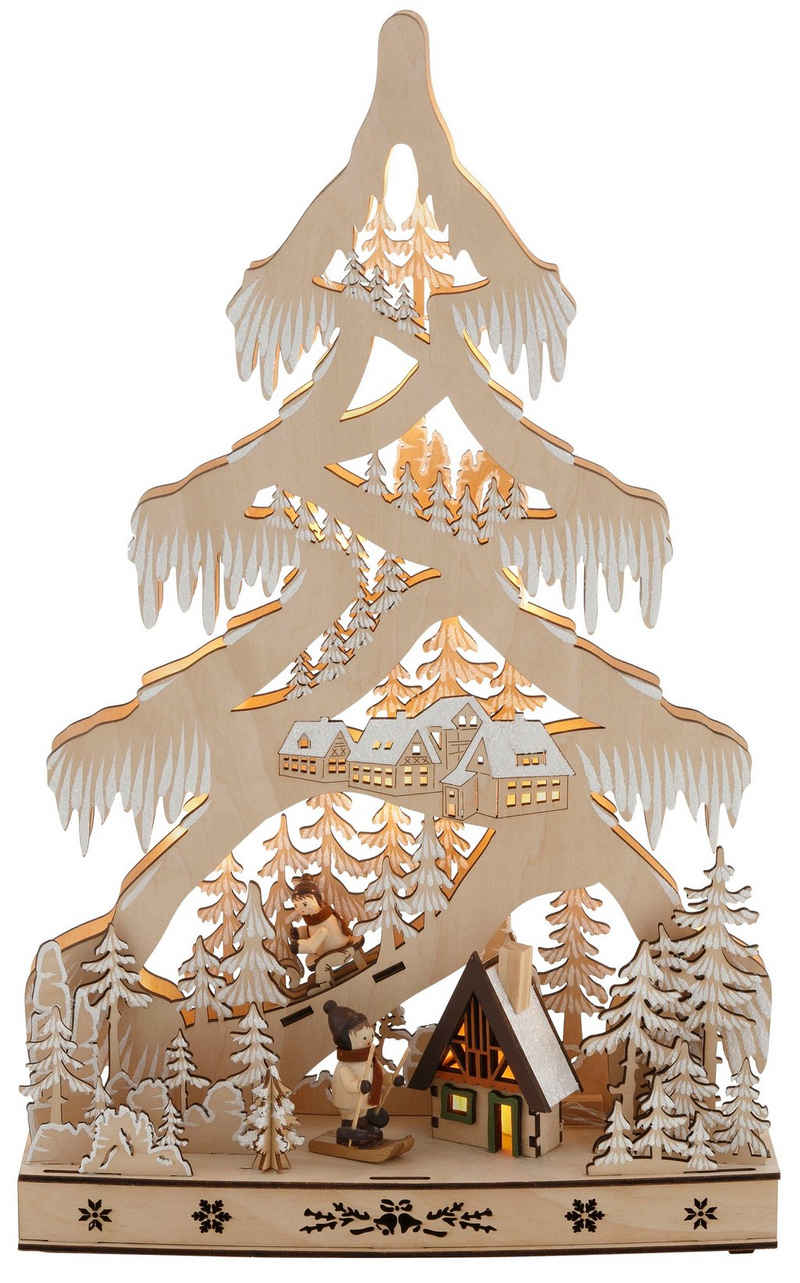 Home affaire LED Baum Schneelandschaft, LED fest integriert, Warmweiß, mit Hütte und Skifahrern, Höhe ca. 48 cm