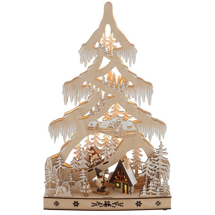 Myflair Möbel & Accessoires LED Baum Schneelandschaft Weihnachtsdeko LED fest integriert Warmweiß mit Hütte und Skifahrern Höhe ca. 48 cm