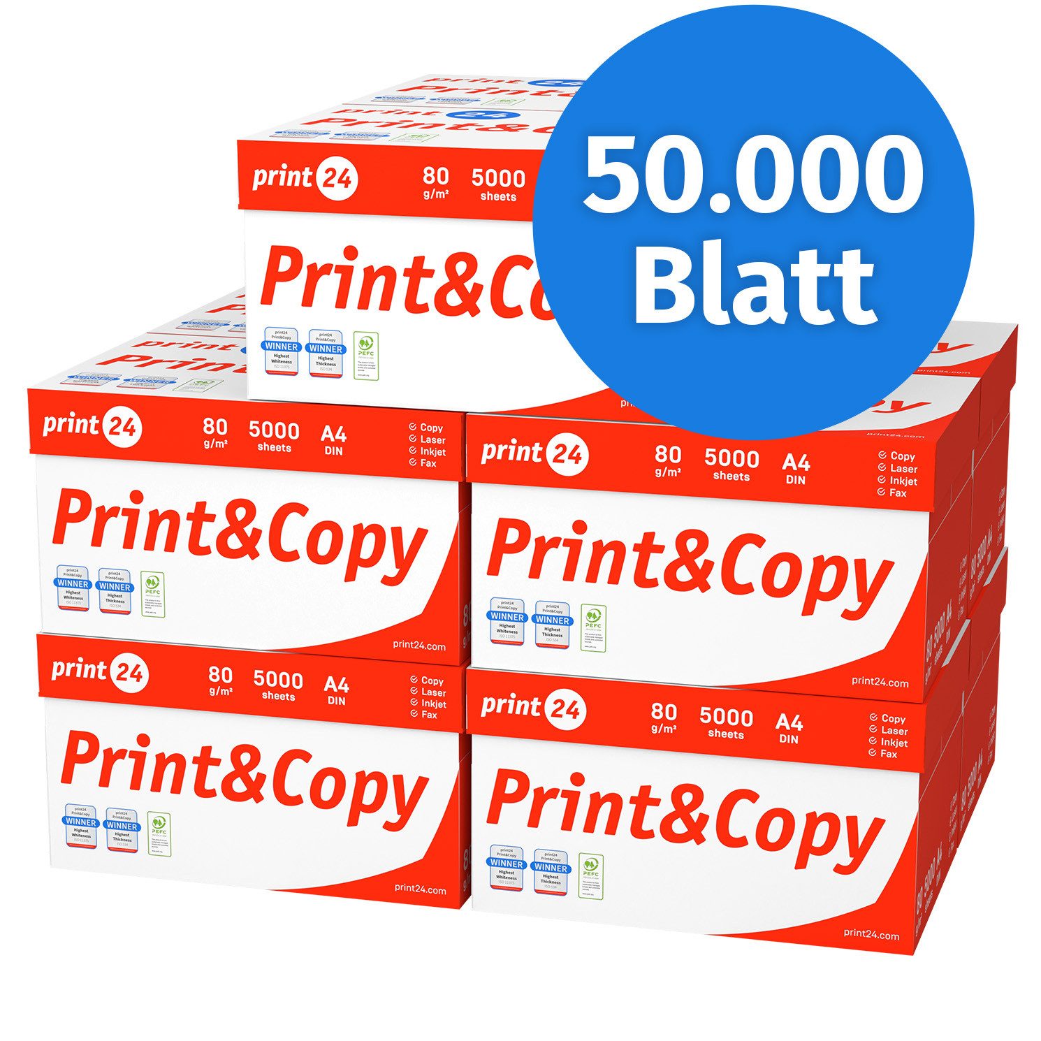 print24 Druckerpapier Kopierpapier 50000 Blatt A4 80g Premium Weiß Testsieger PEFC