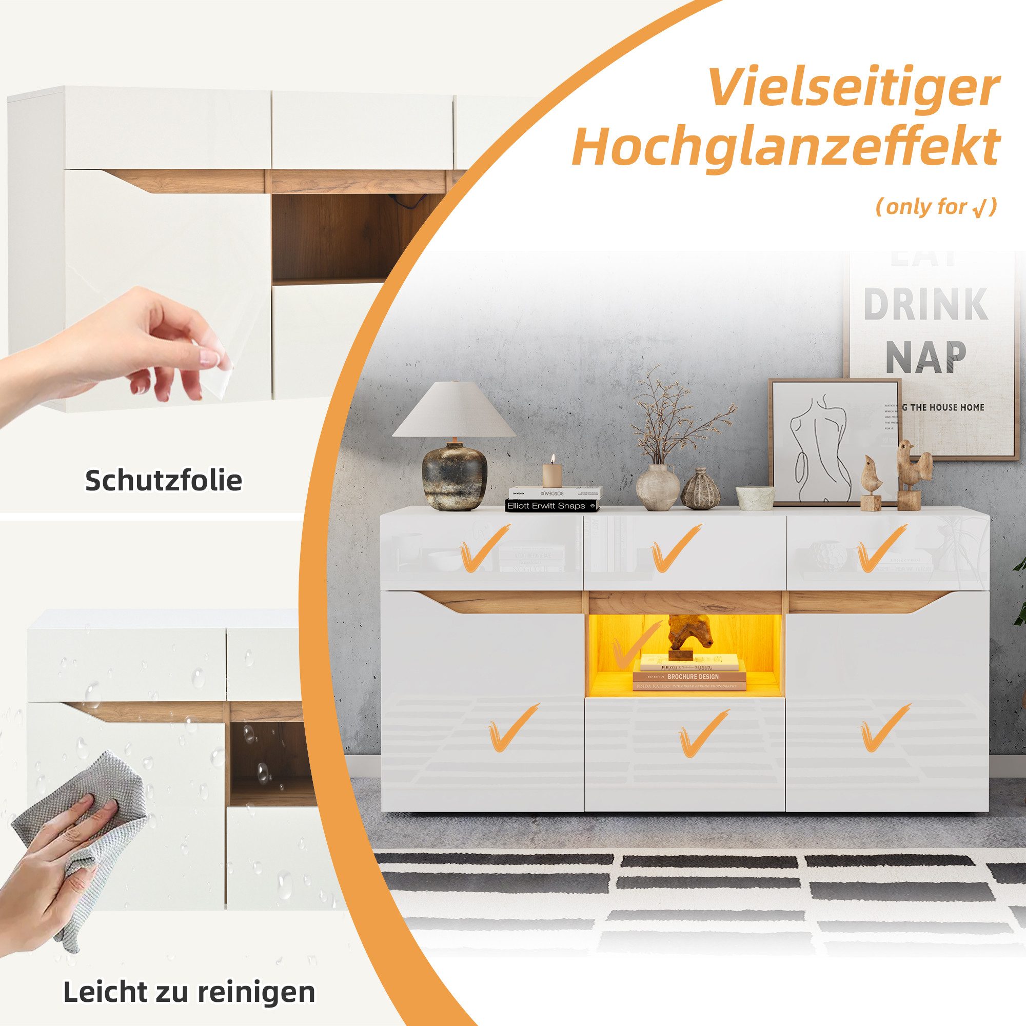 Sideboard hochglanz Anrichte mit LED, Buffetschrank in Weiß/Schwarz & Holzoptik