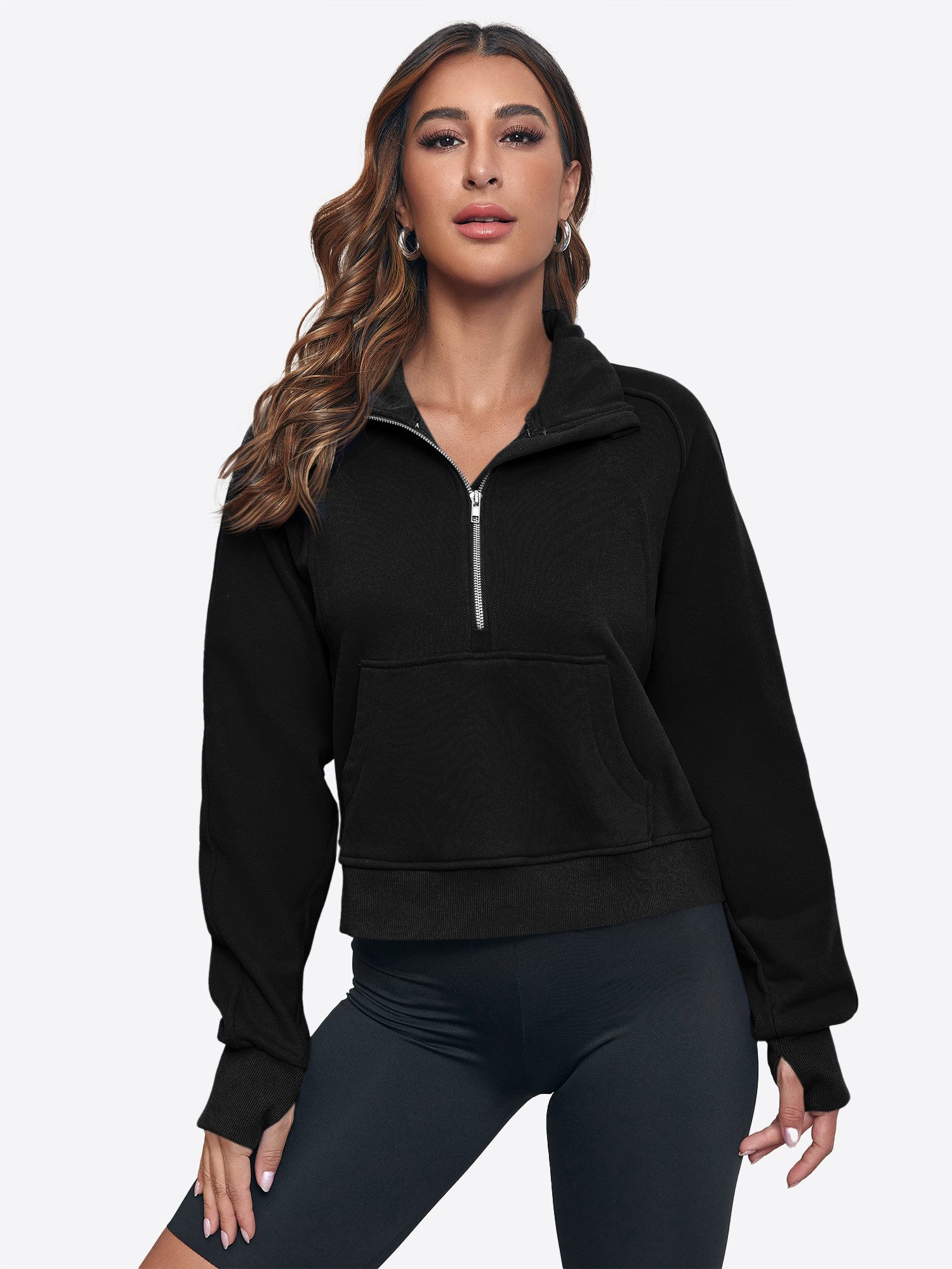 Imily Bela Sweatshirt Damen Langarm Pullover mit halbem Reißverschluss (Packung, 1-tlg., 1per-Pack) Baumwolle, Kängurutasche