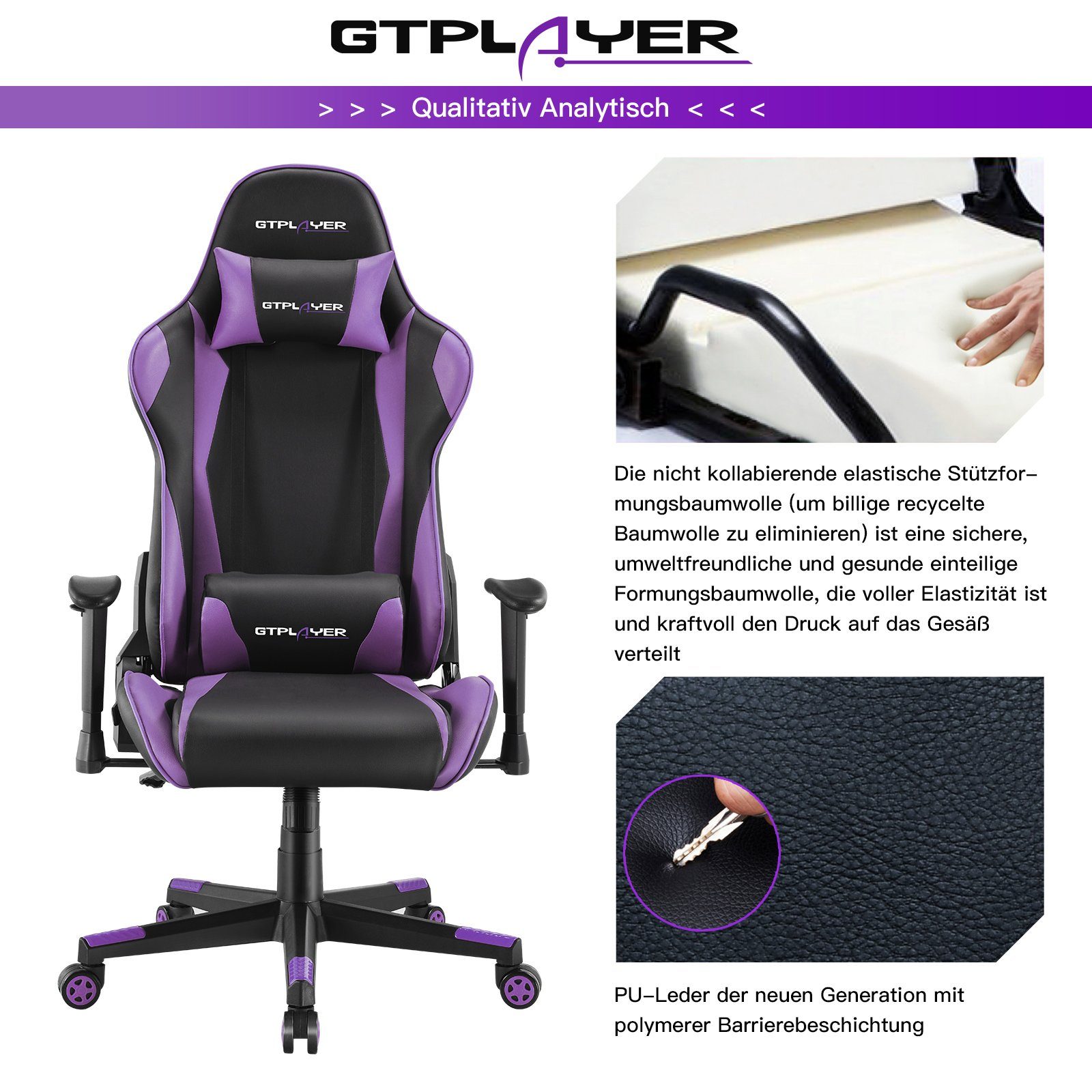 GTPLAYER Gaming-Stuhl Bürostuhl inkl. Nackenkissen, the The lila supports Lenden- und reclining waist Design function Ergonomische