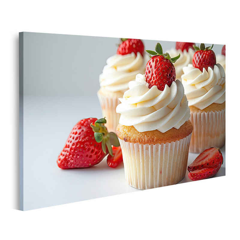 islandburner Leinwandbild Vanille-Cupcakes verziert mit Erdbeer-Sahne-Topping Wandbild Küche Bäc