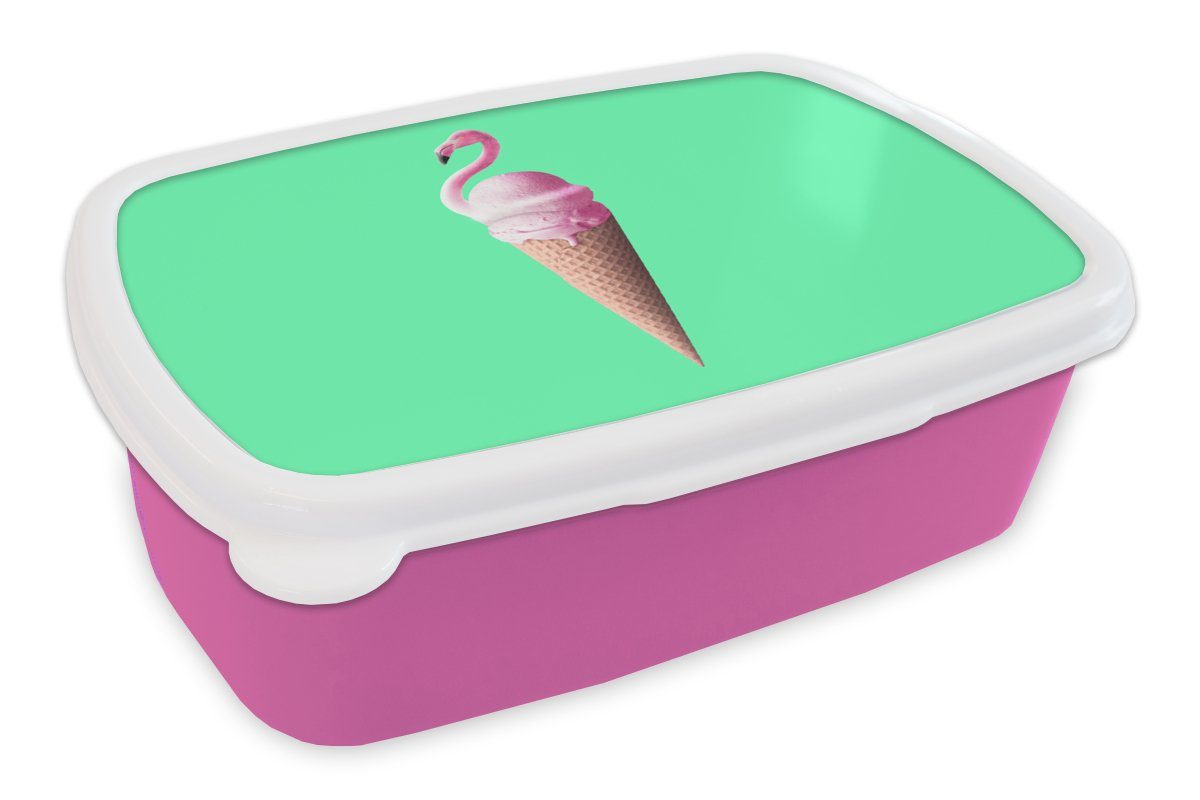 für Eiscreme Brotbox Kunststoff, (2-tlg), Flamingo Grün, MuchoWow Kunststoff Mädchen, Lunchbox Erwachsene, - - Snackbox, - Rosa - Eistüten Brotdose Kinder,
