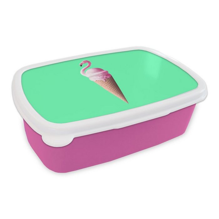 MuchoWow Lunchbox Eistüten - Eiscreme - Flamingo - Rosa - Grün Kunststoff (2-tlg) Brotbox für Erwachsene Brotdose Kinder Snackbox Mädchen Kunststoff