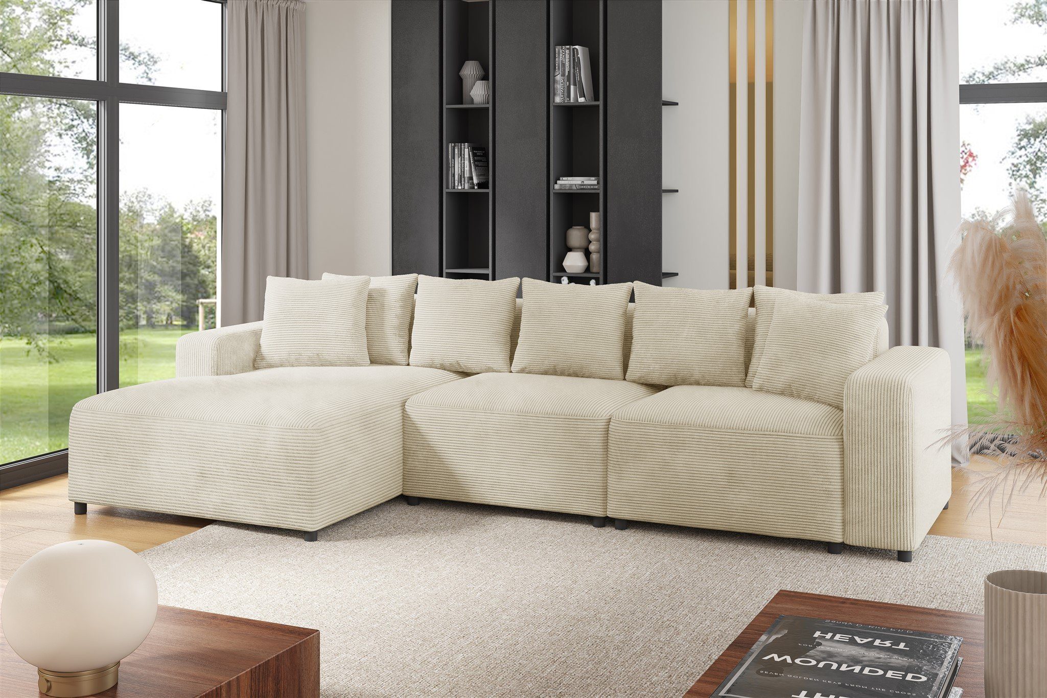Fun Möbel Ecksofa Designersofa MEGAN in Stoff Poso, inkl. 7 Zierkissen, Rundumbezug