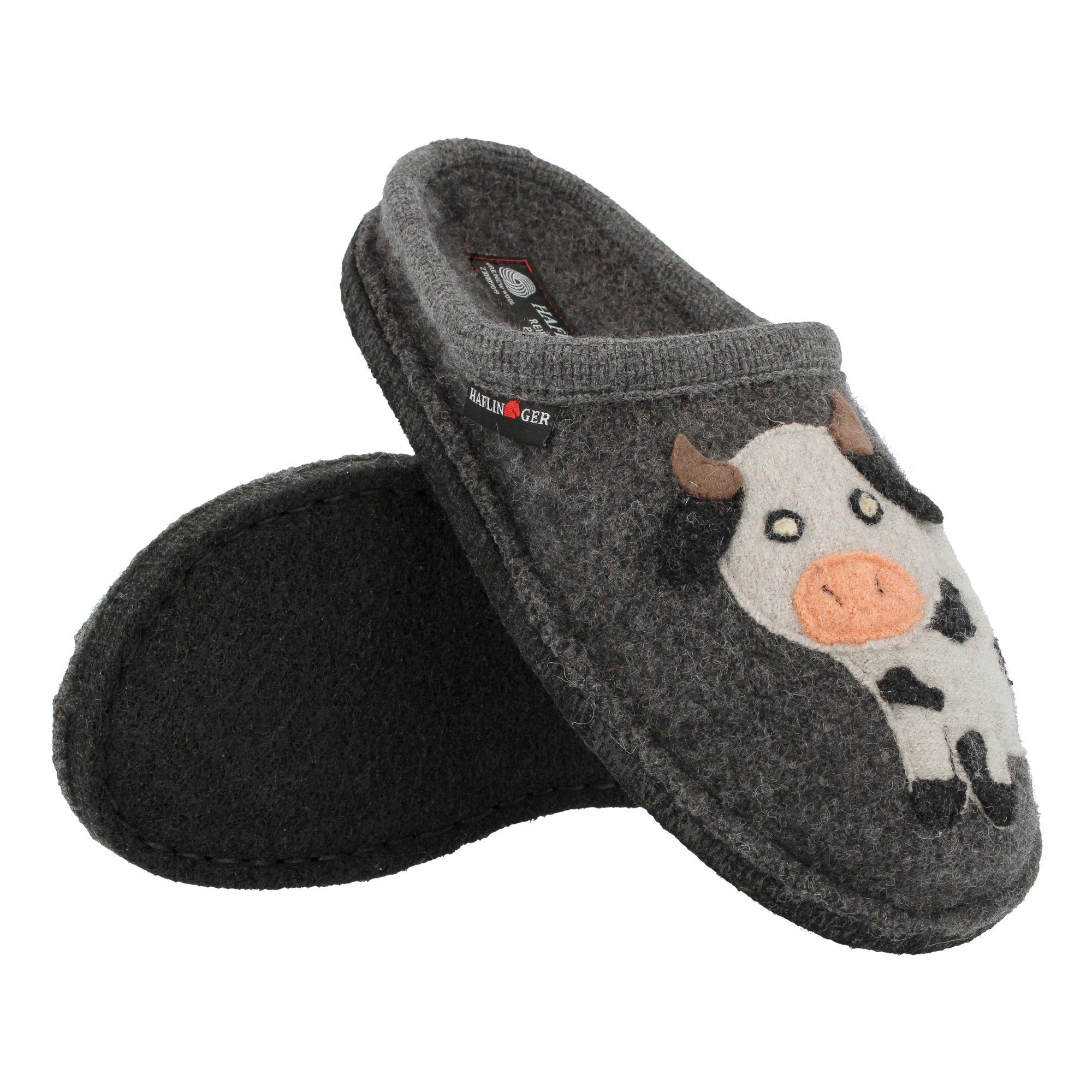 Haflinger Flair Molly Pantoffeln aus gewalkter Wolle Kuhmotiv Unisex Hausschuh