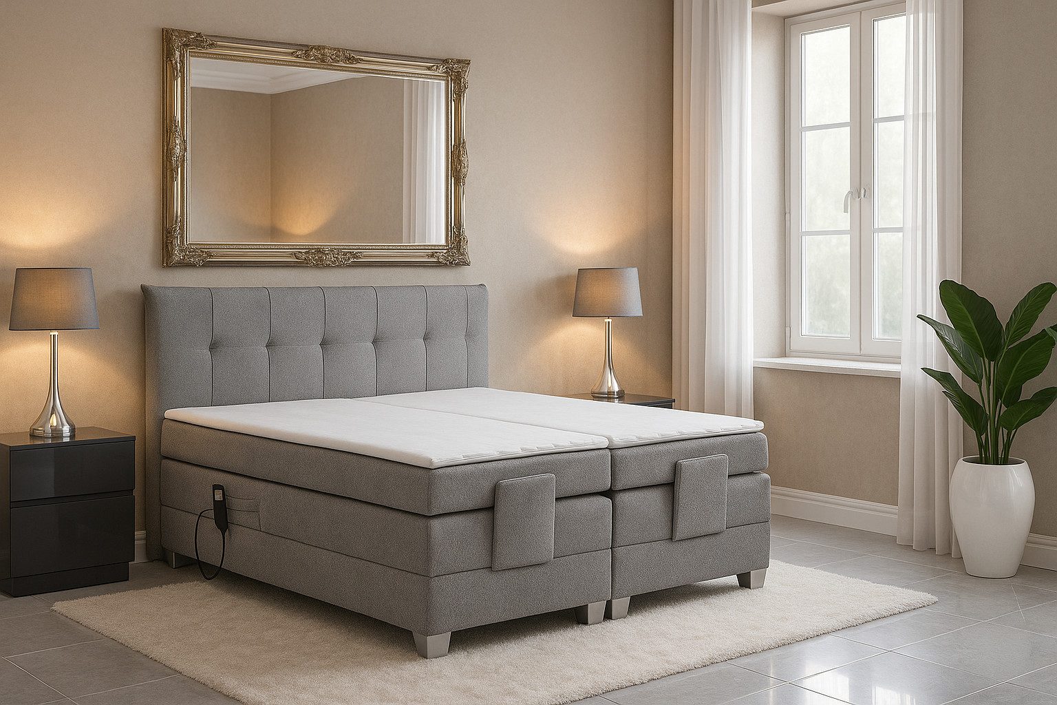 M-Punkt24 Boxspringbett ADRIA (140x200 cm, Boucle Grau), Mit Motor inkl. Matratze und Topper
