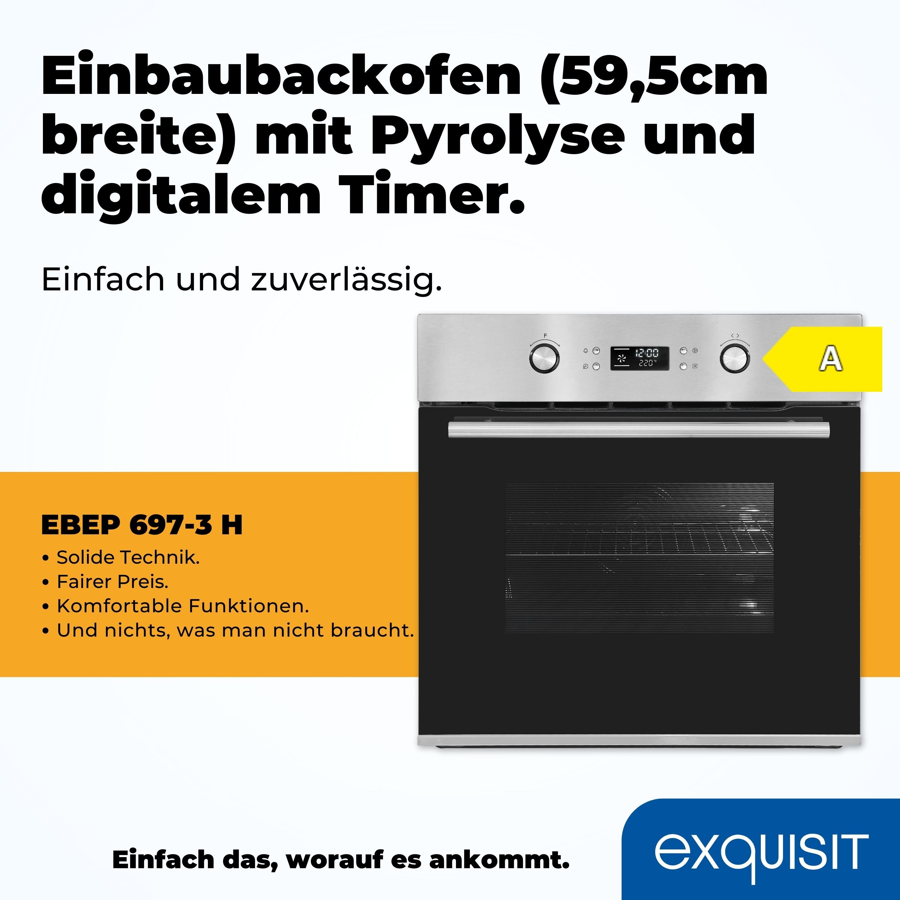exquisit Einbaubackofen EBEP 697-3 H, mit Teleskopauszug nachrüstbar, Pyrolyse-Selbstreinigung, 70 L, inkl. Eco-Funktion, 4-fach-verglaste Tür, versenkbare Knebel