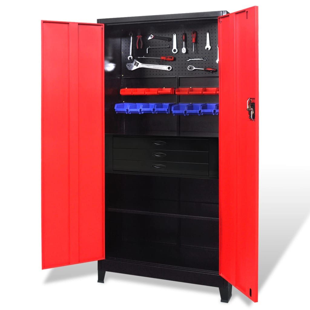 vidaXL Werkzeugbox Werkzeugschrank mit Werkzeugtruhe Stahl 90x40x180cm Rot Schwarz (1 St)