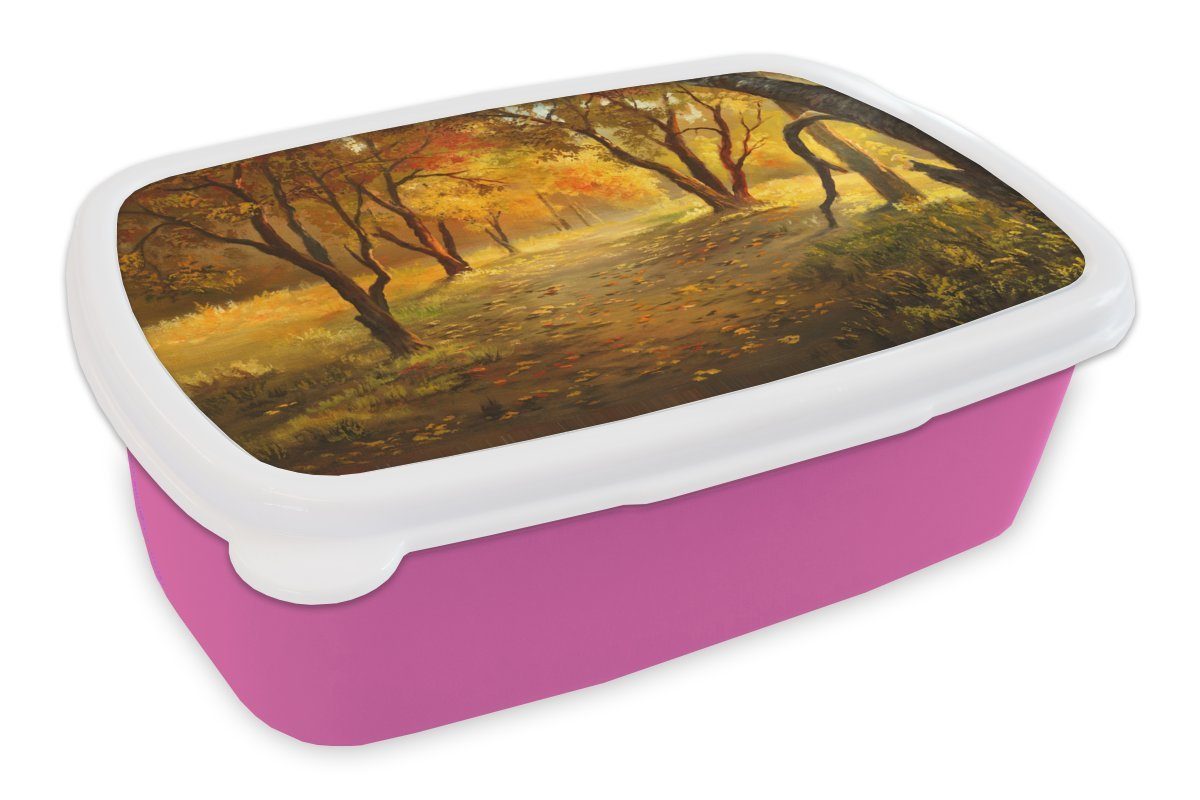 MuchoWow Lunchbox Eine Illustration eines Waldes im Herbst, Kunststoff, (2-tlg), Brotbox für Erwachsene, Brotdose Kinder, Snackbox, Mädchen, Kunststoff rosa