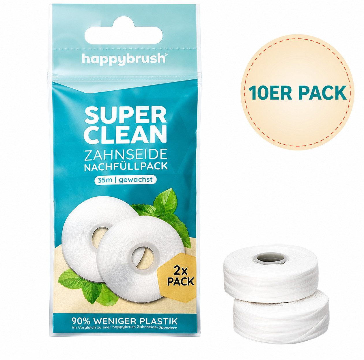 happybrush Zahnseide Zahnpflege 10er Set 35 m Rollen Minzgeschmack Zahnreinigung, Dental Zahnseide Rollen Set Mundhygiene Zahnzwischenraum Reinigung