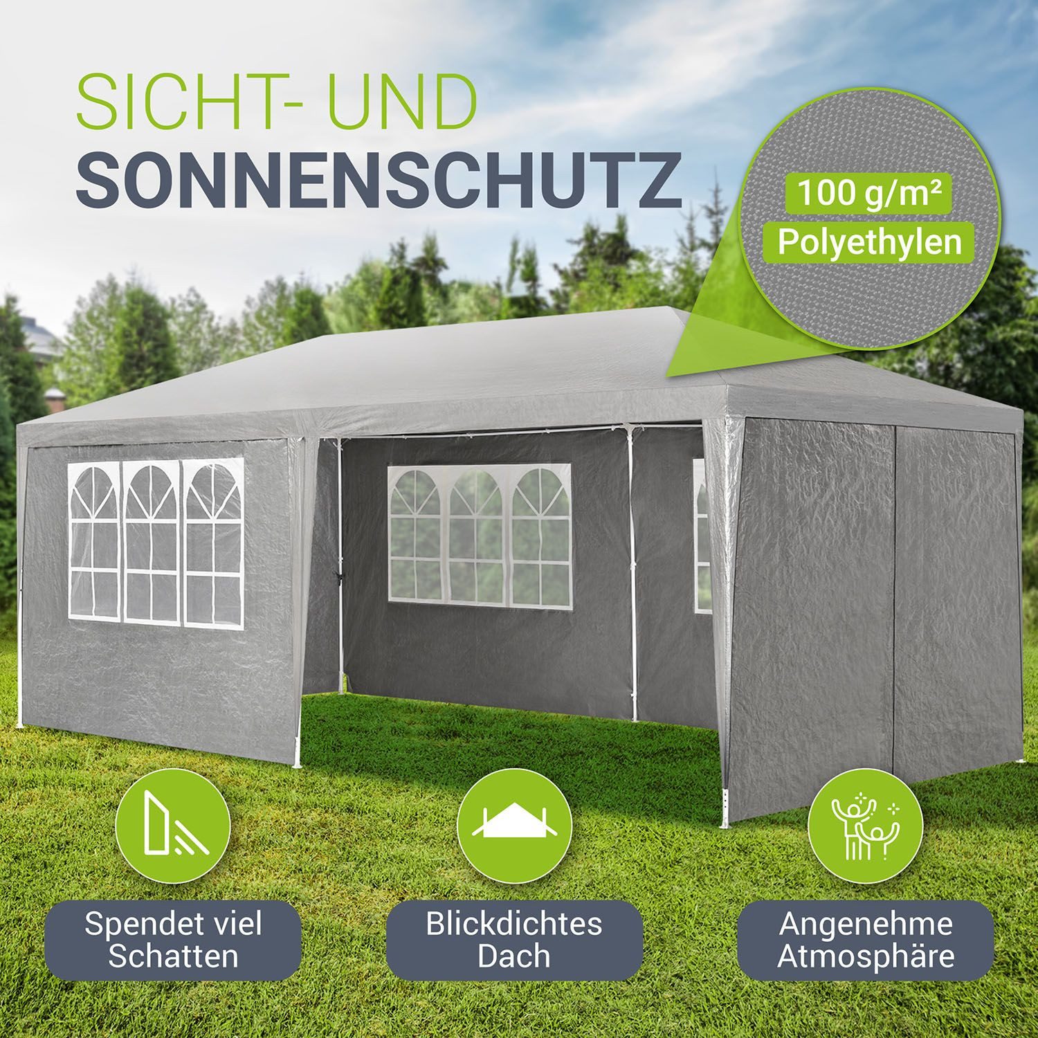 Juskys Partyzelt Partyzelt, mit 6 Seitenteilen, einfacher Aufbau, Sonnen und Sichtschutz, große Grundfläche