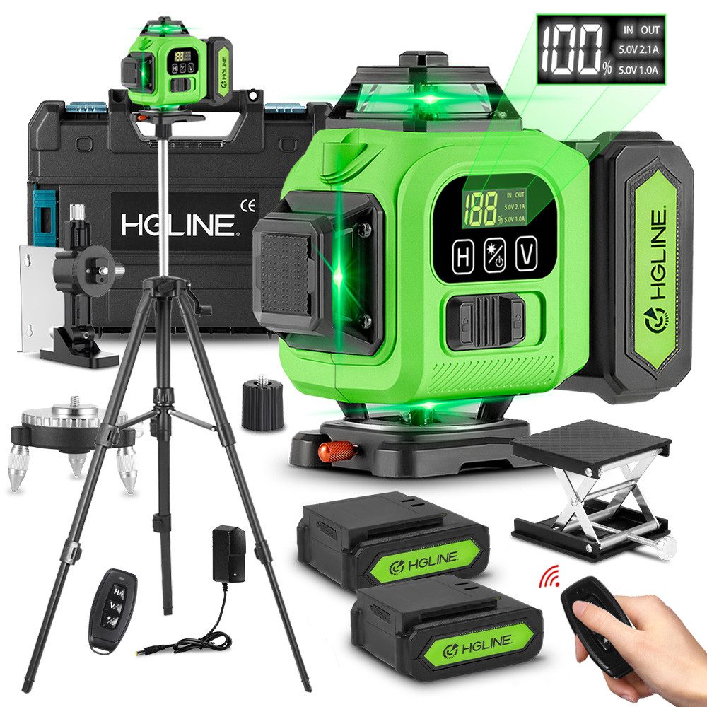 HGLINE Laserwasserwaage 4x360° Selbstnivellierend Laser Wasserwaage 16 Linien, mit Stativ 2x4800mAh Batterien & LED-Anzeige