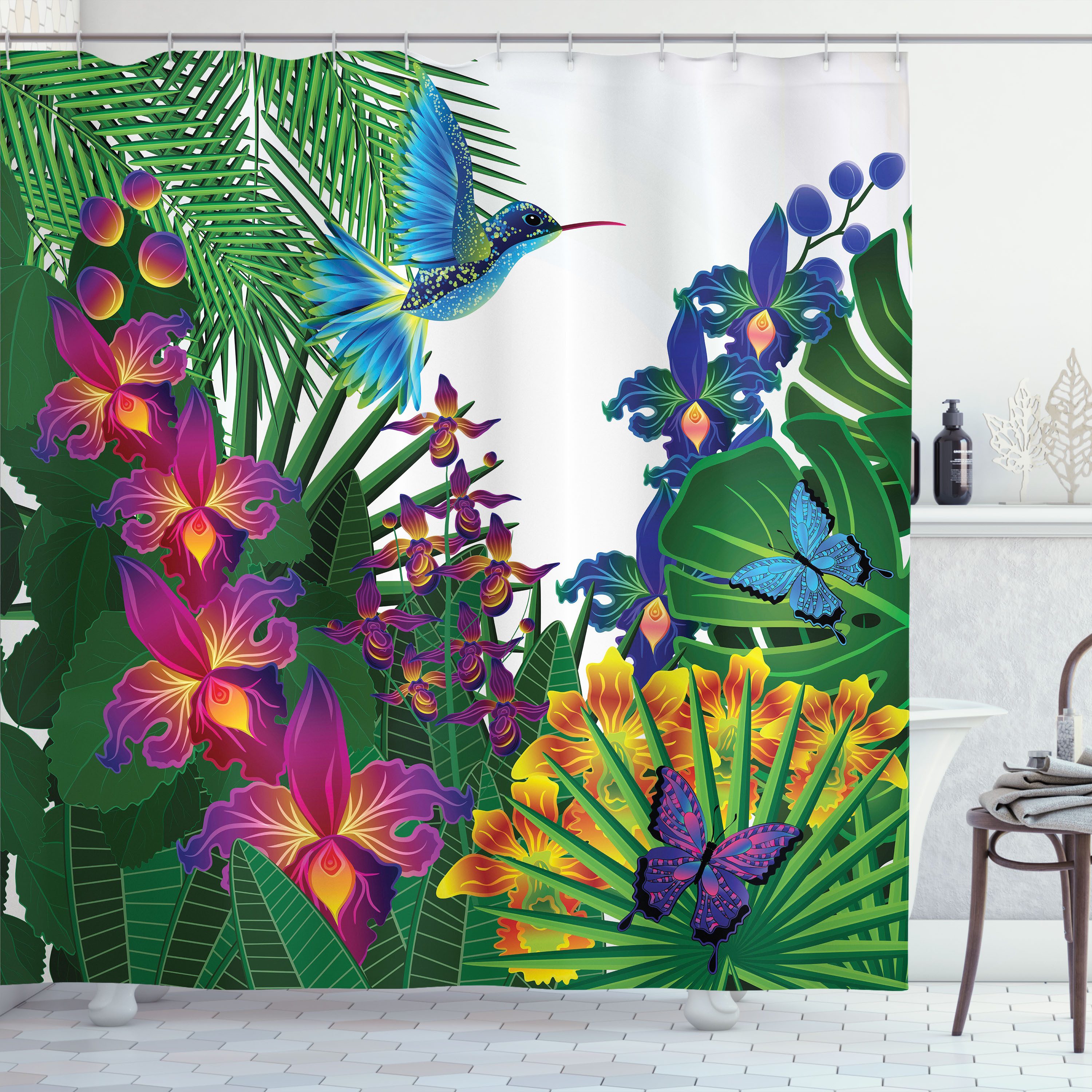 Abakuhaus Duschvorhang Moderner Digitaldruck mit 12 Haken auf Stoff Wasser Resistent Breite 175 cm, Höhe 180 cm, Orchideen Vibrant tropischen Dschungel