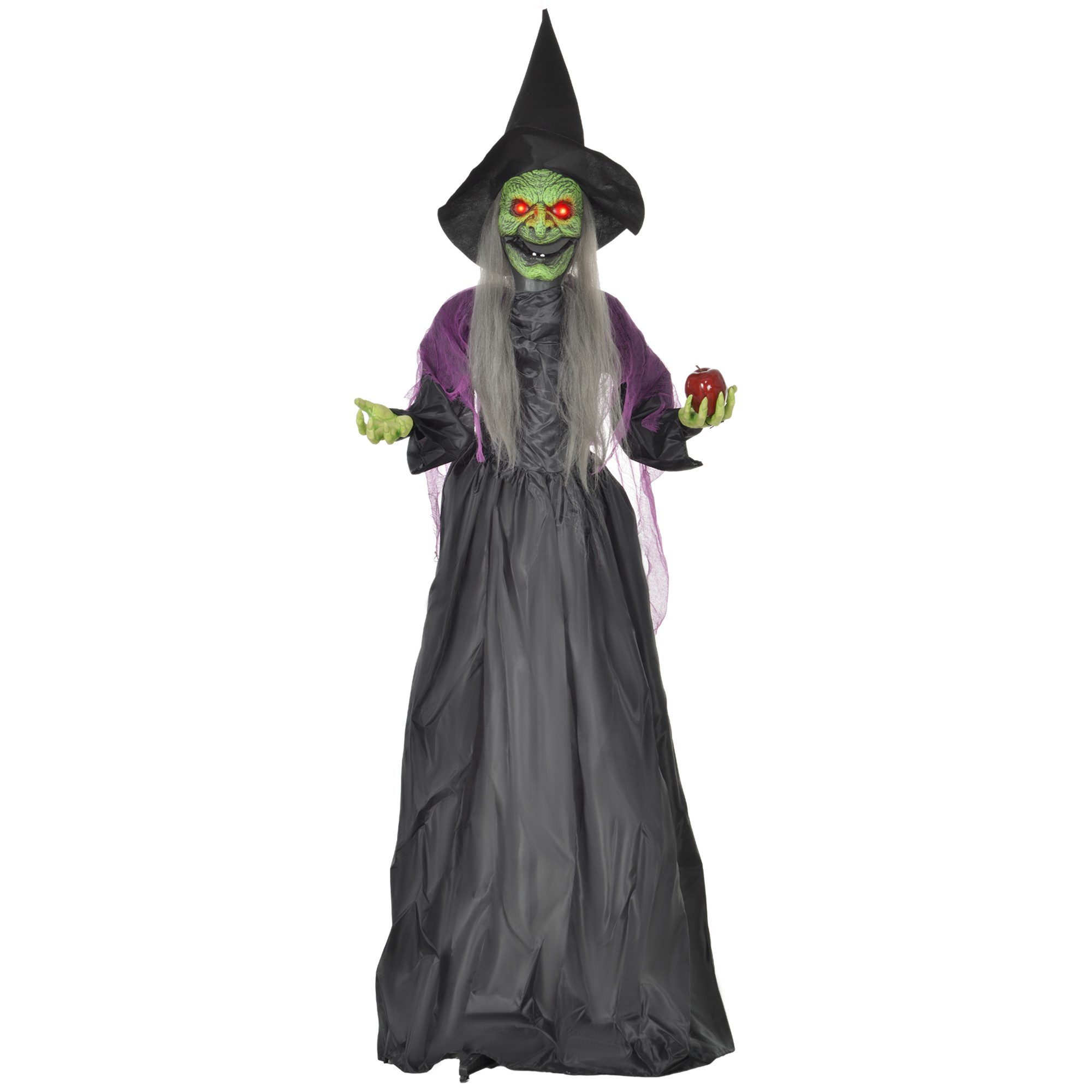 HOMCOM Dekofigur Halloween Hexe mit Leuchtenden Augen gruseligem Sound Deko (Halloween-Hexe mit Giftapfel, 1 St., Halloween Dekoration), in Lebensgröße für Part – Bild 2 von 5