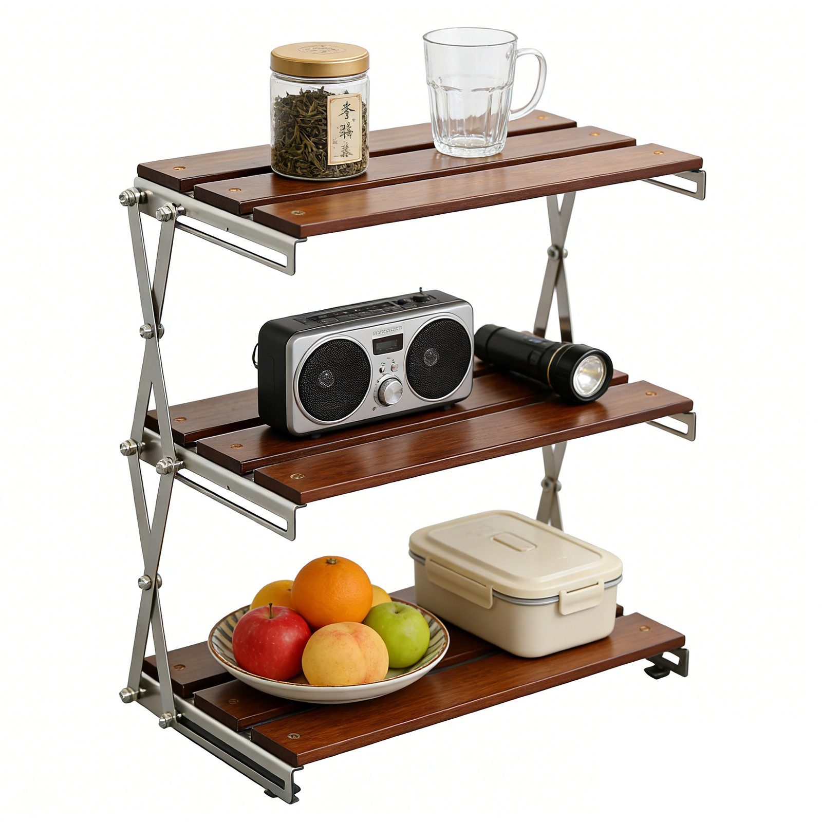 BlingBin Standregal Schreibtisch Regal, Camping-Klappregal mit 3 Ablagen Walnussfarben, Schreibtisch Regal / Mehrstufiges Klappregal 1-tlg., Klapptisch Holz Metall Ablage, Für Küche Bad Wohnzimmer Büro Camping