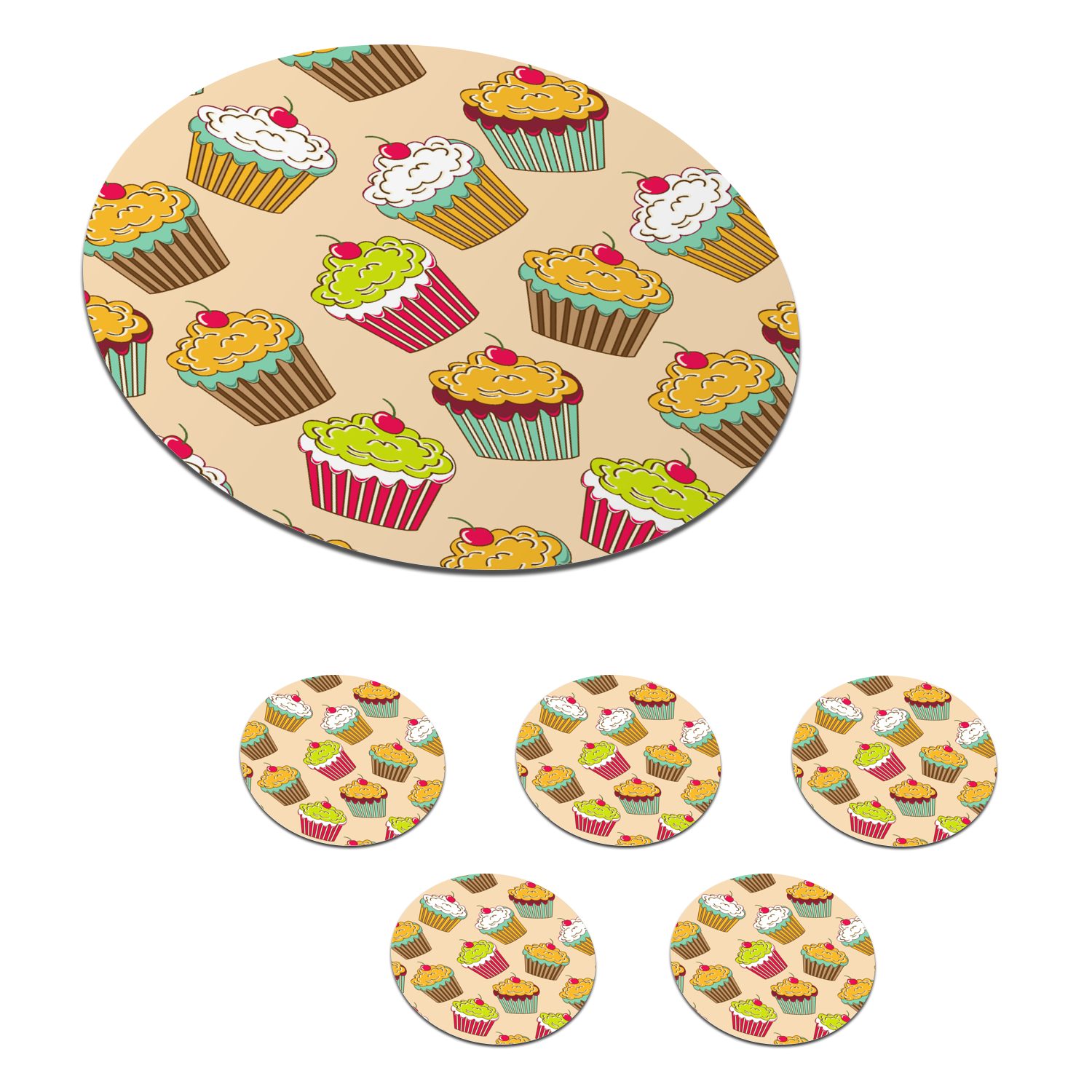 MuchoWow Glasuntersetzer Muster - Lebensmittel - Cupcake, Zubehör für Gläser, 6-tlg., Getränkeuntersetzer, Tassenuntersetzer, Korkuntersetzer, Tasse, Becher